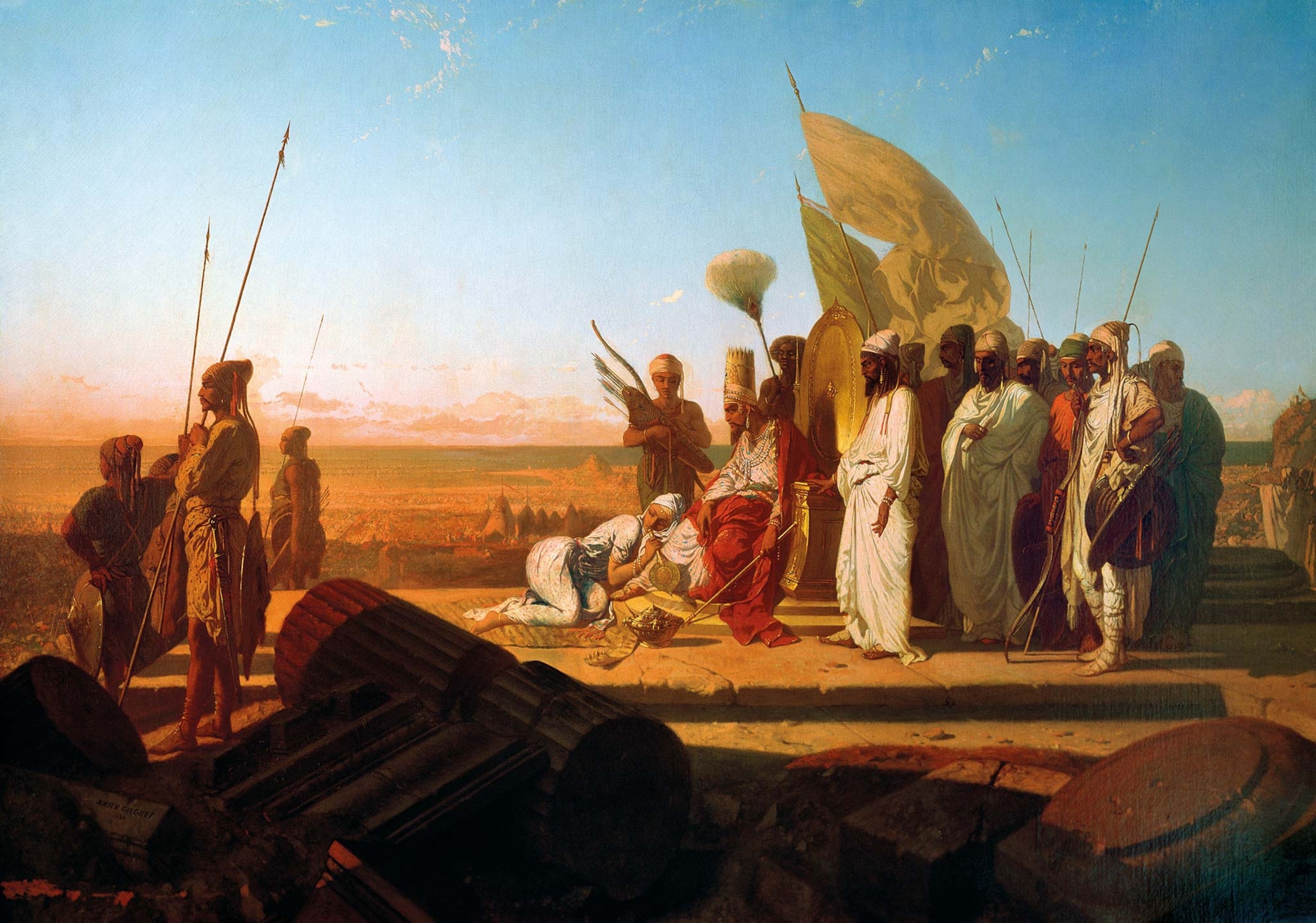 Persia’s King Xerxes, seated on the chair, stares over the Dardanelles Strait (then known as Hellespont) prior to launching his invasion in a 19th-century painting by Jean-Adrien Guignet.