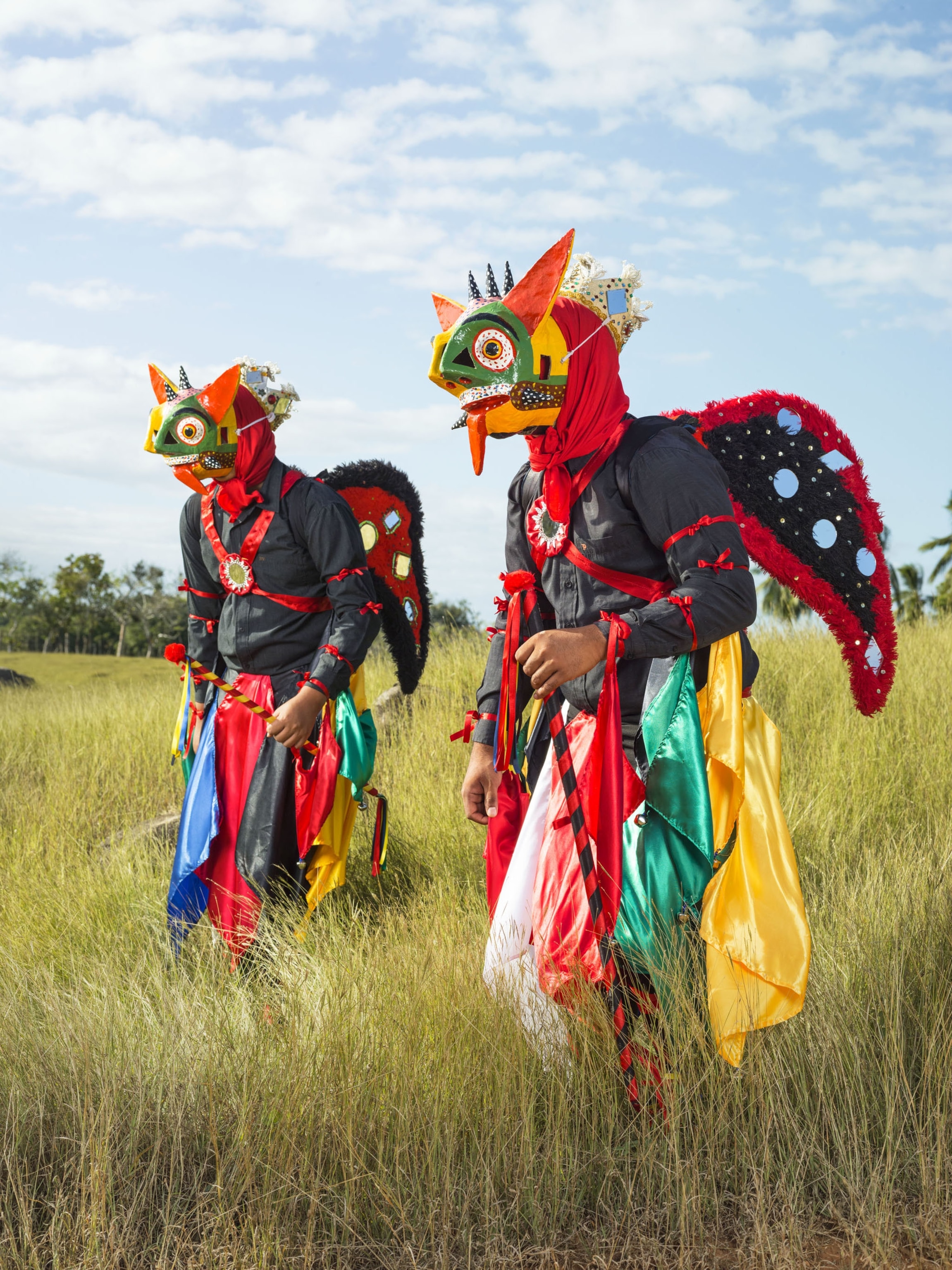 two people standing in a field in full fish like costumes