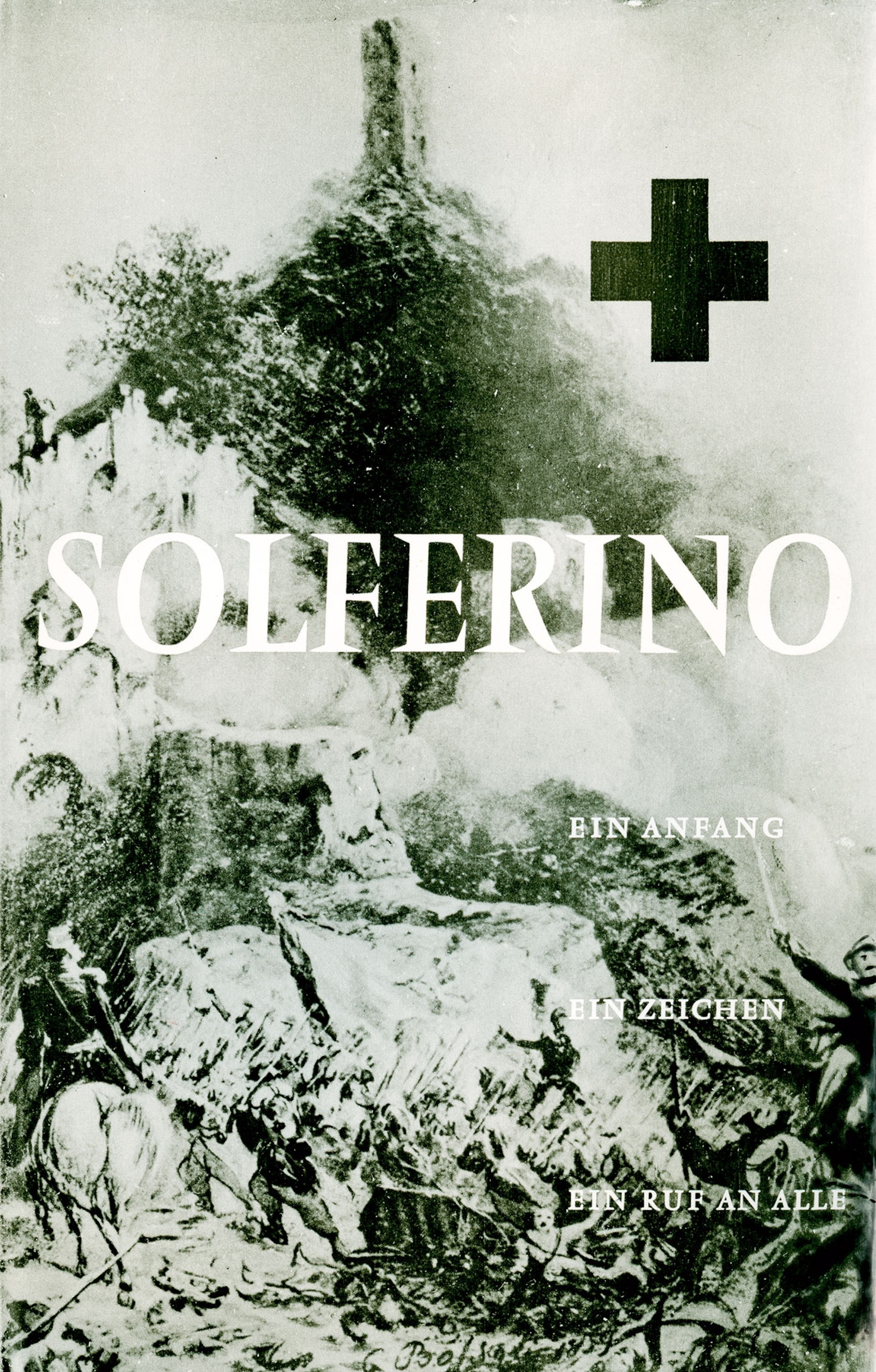 The front cover of "A Memory of Solferino" in black and white with a black cross in the corner