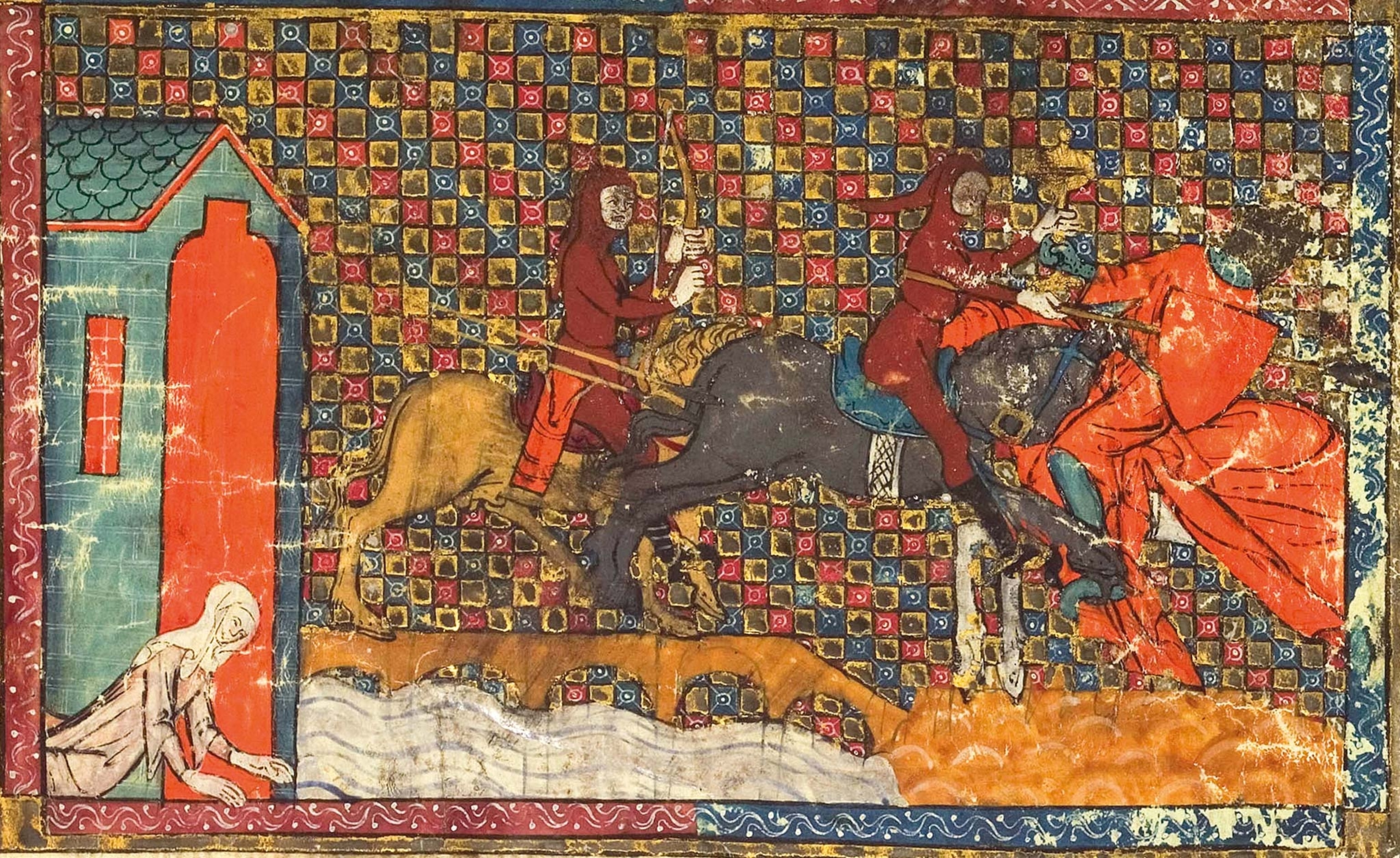Perceval fights the red knight while his mother dies of grief at his departure in a 14th-century miniature