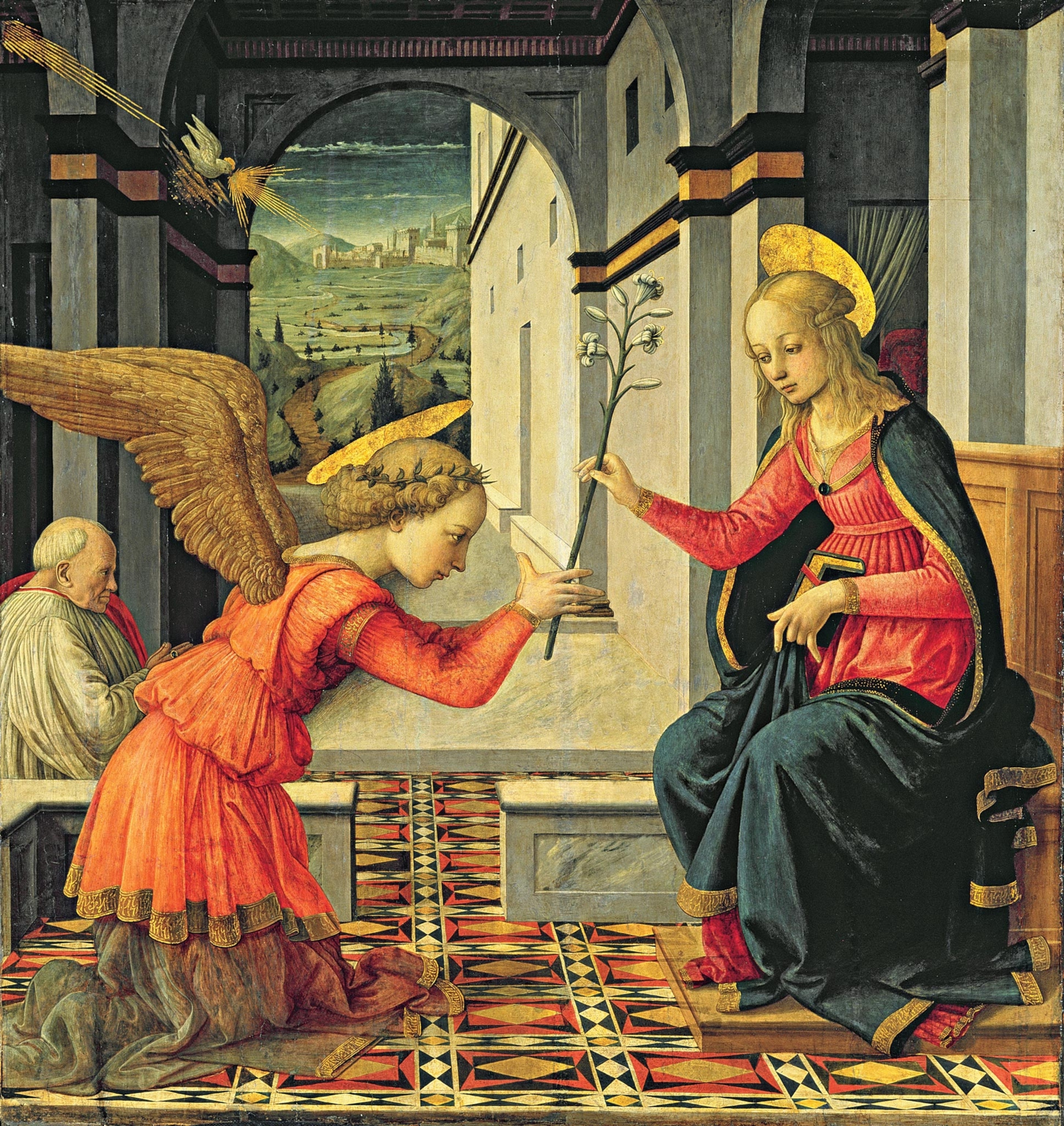 Painting of angel offering flower to Mary