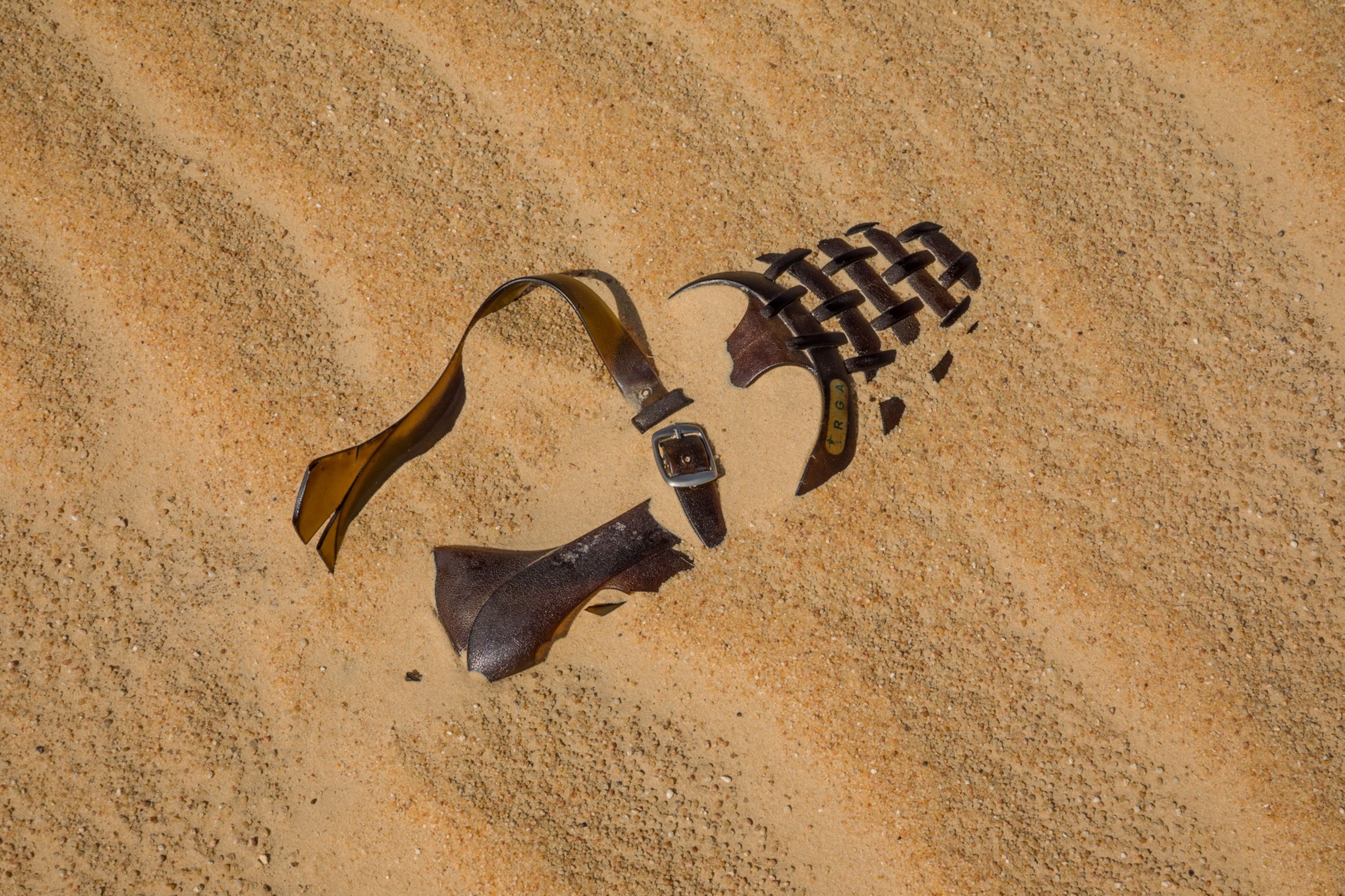 a brown sandal engulfed by sand in the desert