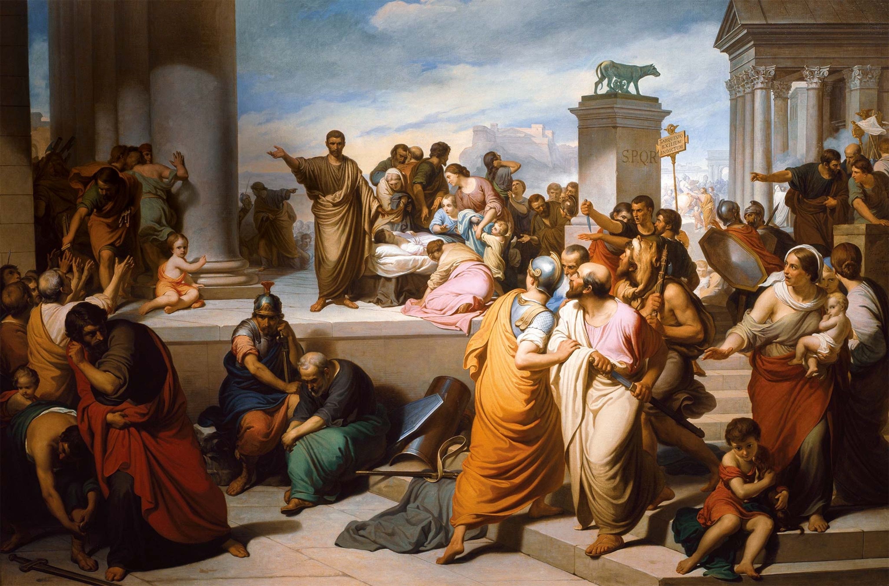 Brutus urges the Romans to look on the lifeless body of Lucretia in a 19th-century painting by Francesco Coghetti.