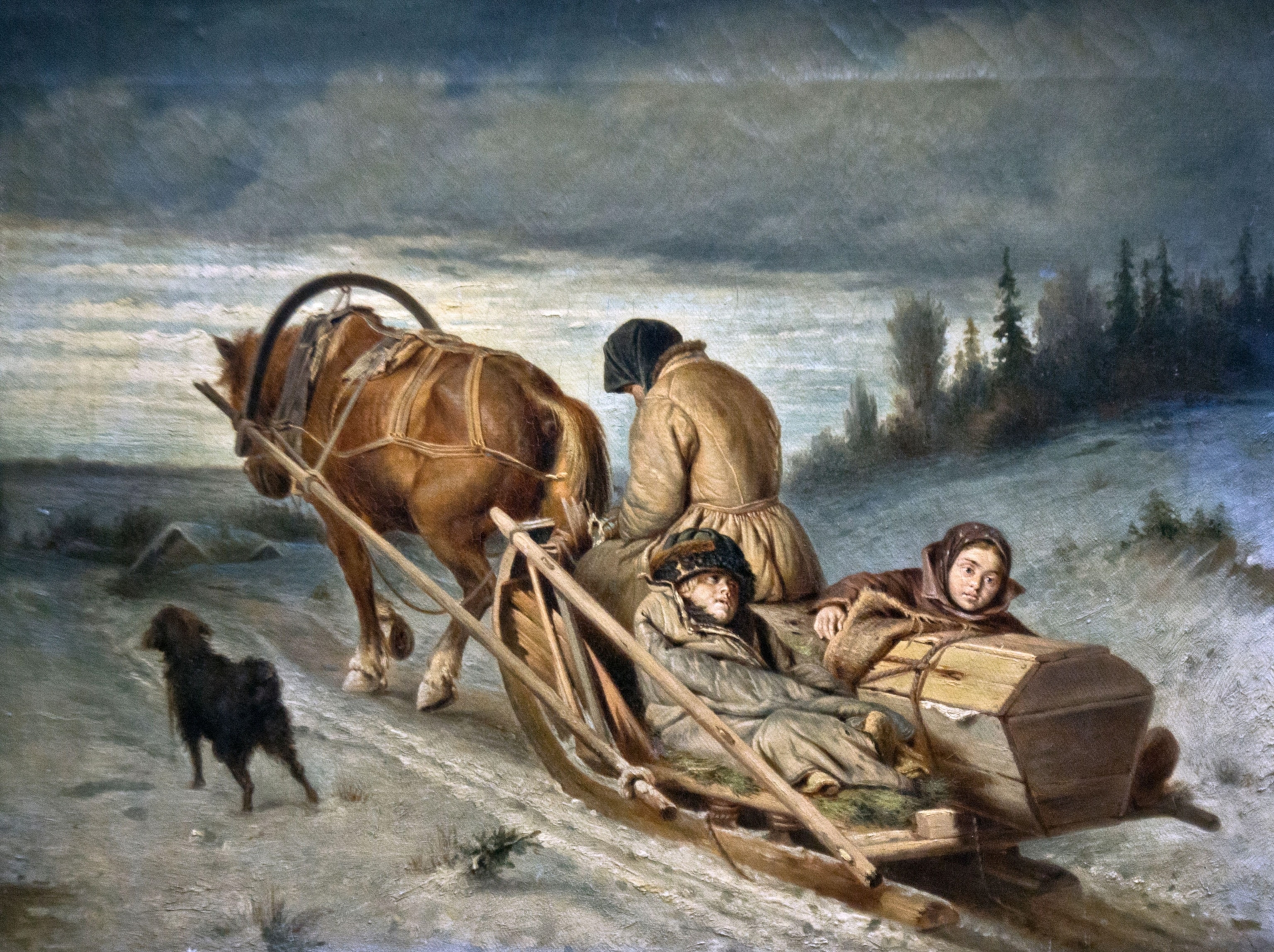 An oil painting of a man hunched over in a horse-drawn sled with two bodies in the back as they pass through a bleak wintery landscape.