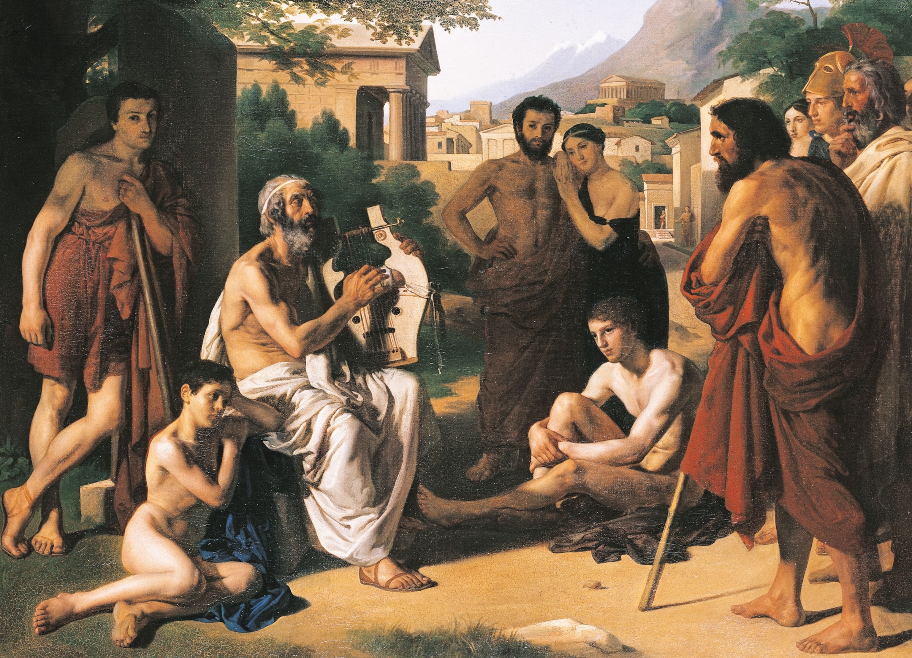 an oil painting of Homer reciting his epic poems