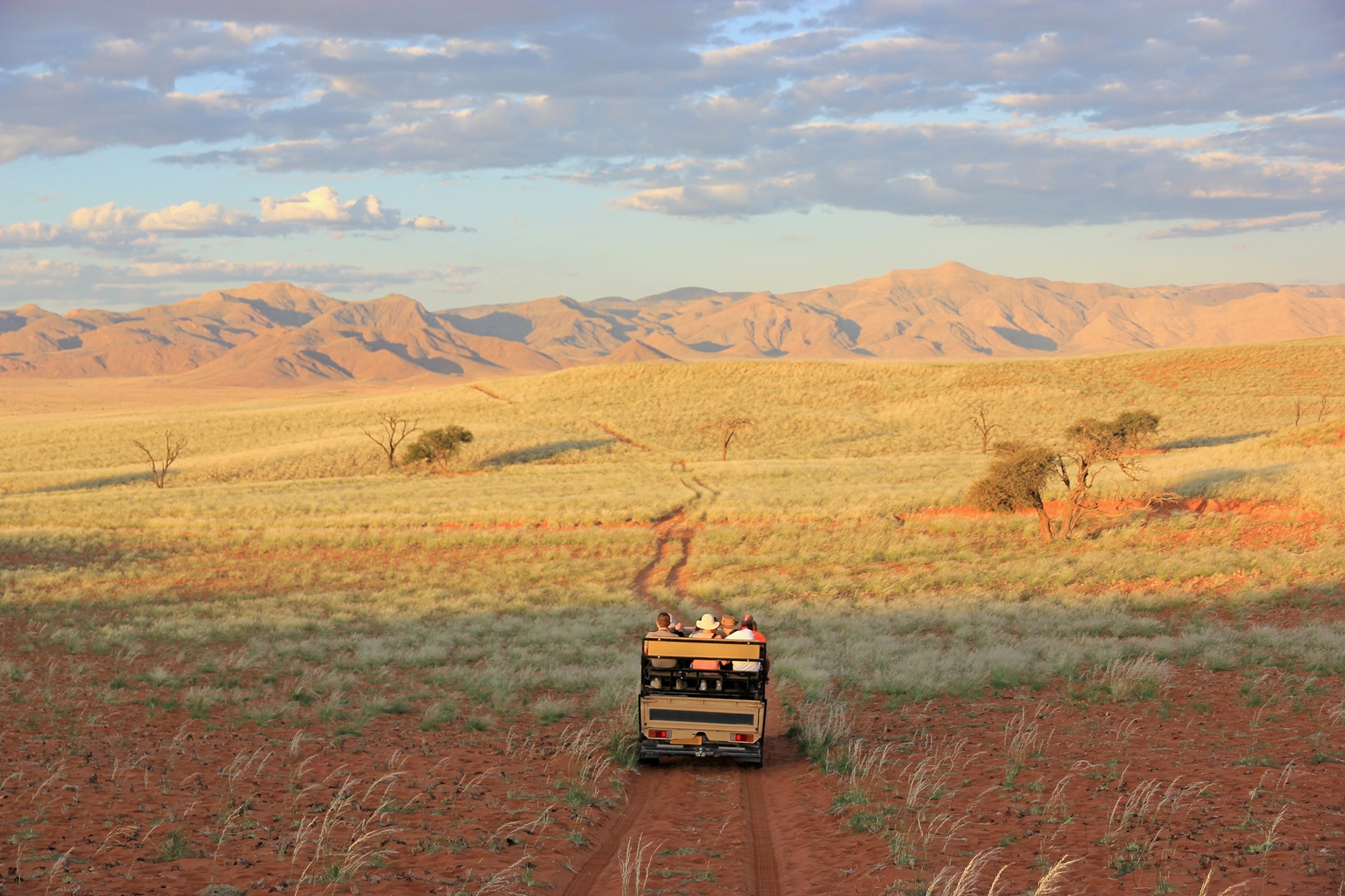 Tourists in a safari vehicle in Namibia.