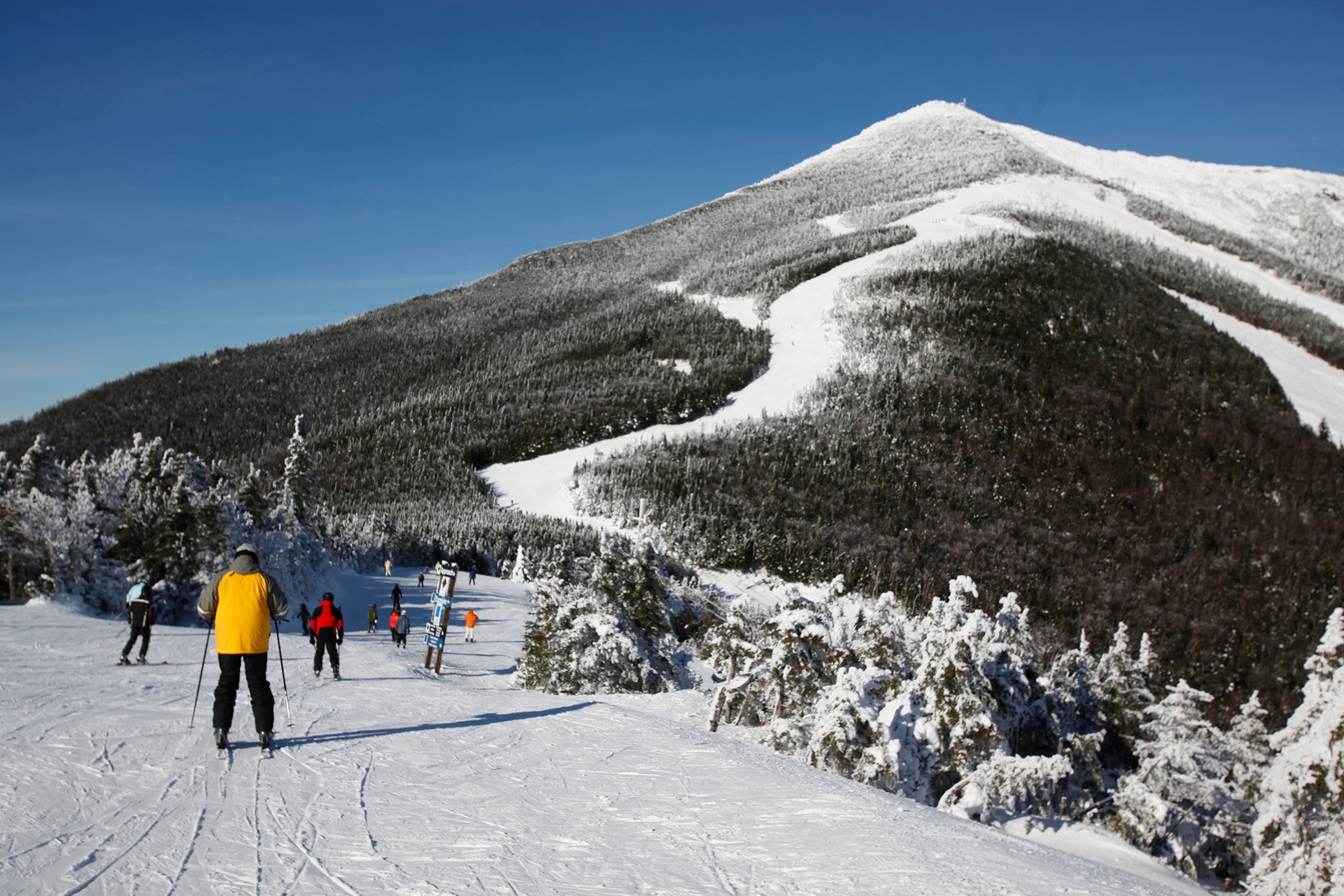 A man in a yellow coat faces a mountain filled with snow and trees.