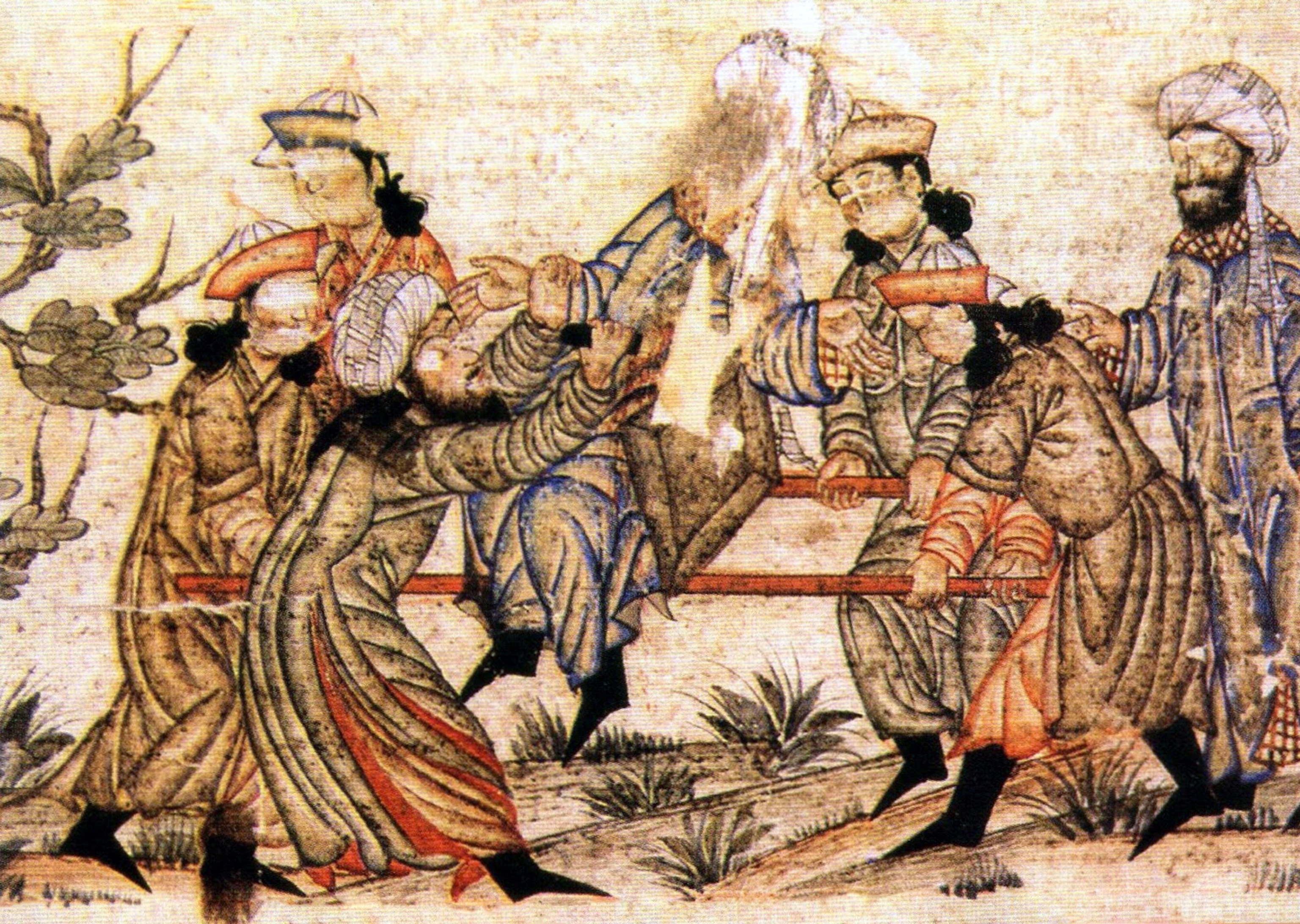 A drawing of a man being assassinated in a seat hoisted by four other men