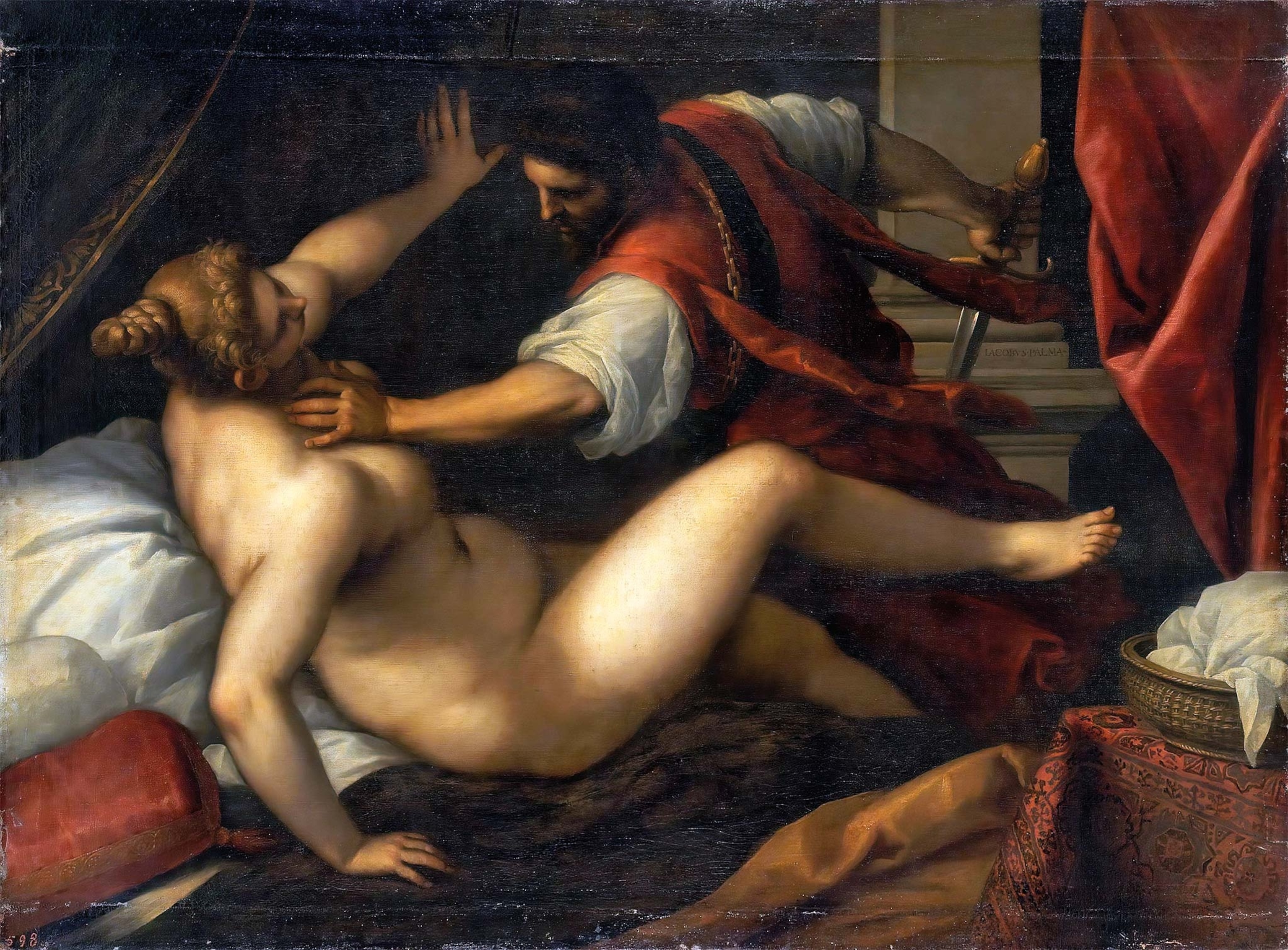 Sextus, son of Tarquin the Proud, threatens Lucretia with his sword in a 16th-century oil painting by Palma the Younger.