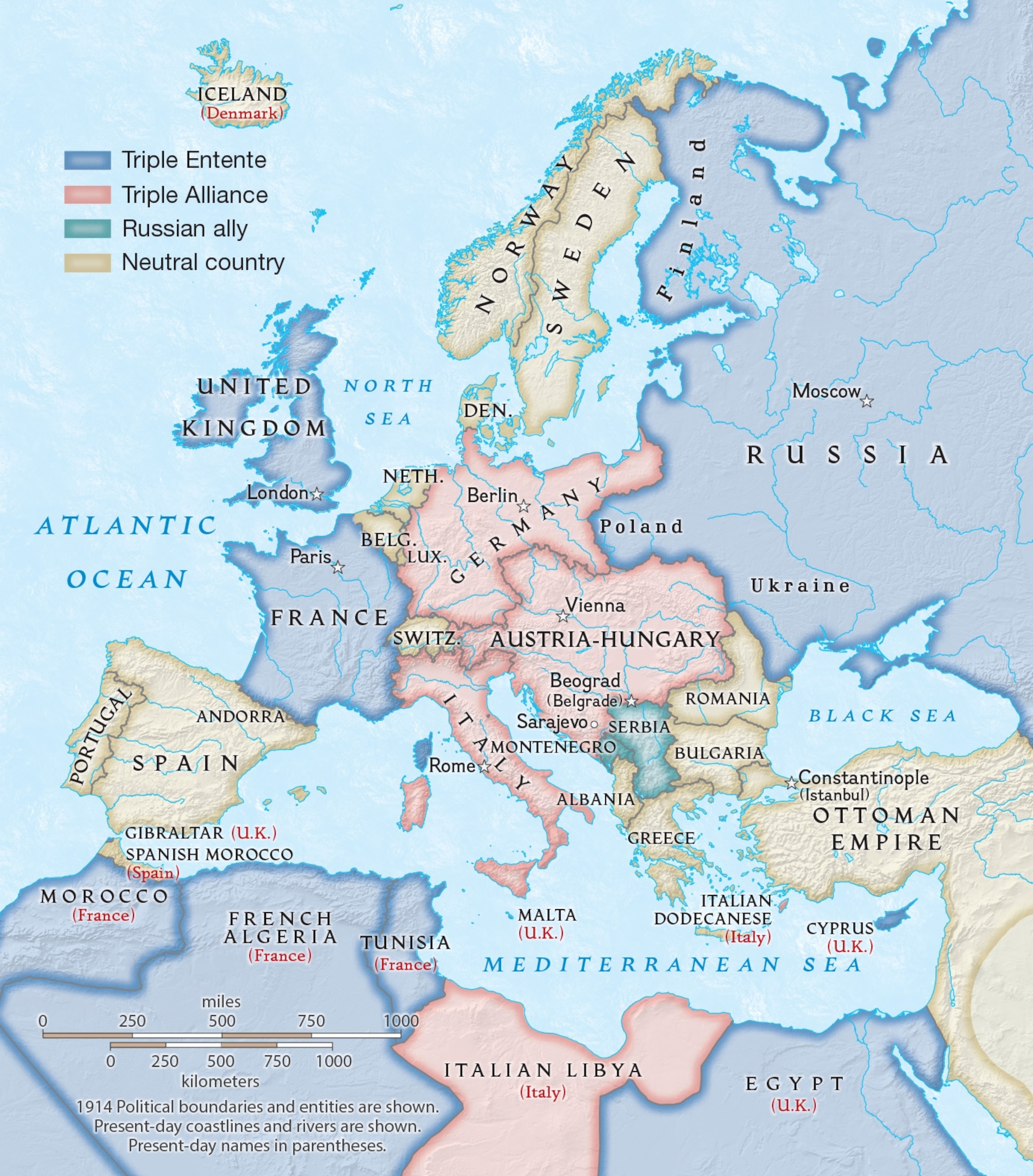 Map showing European alliances at the outbreak of World War I in 1914