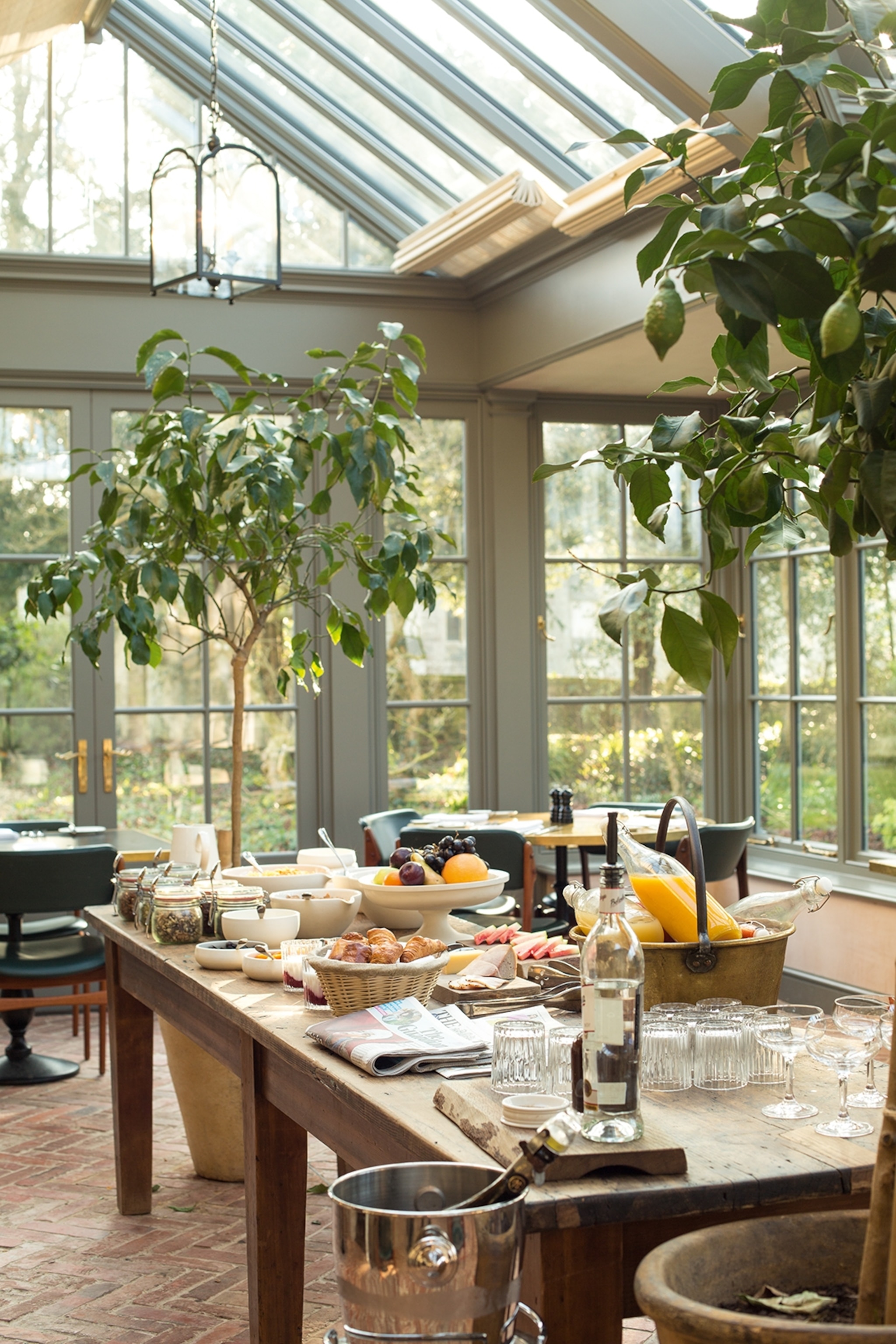 An airy winter garden breakfast room with plants hanging from the ceiling and a large wooden table decked with breakfast food.