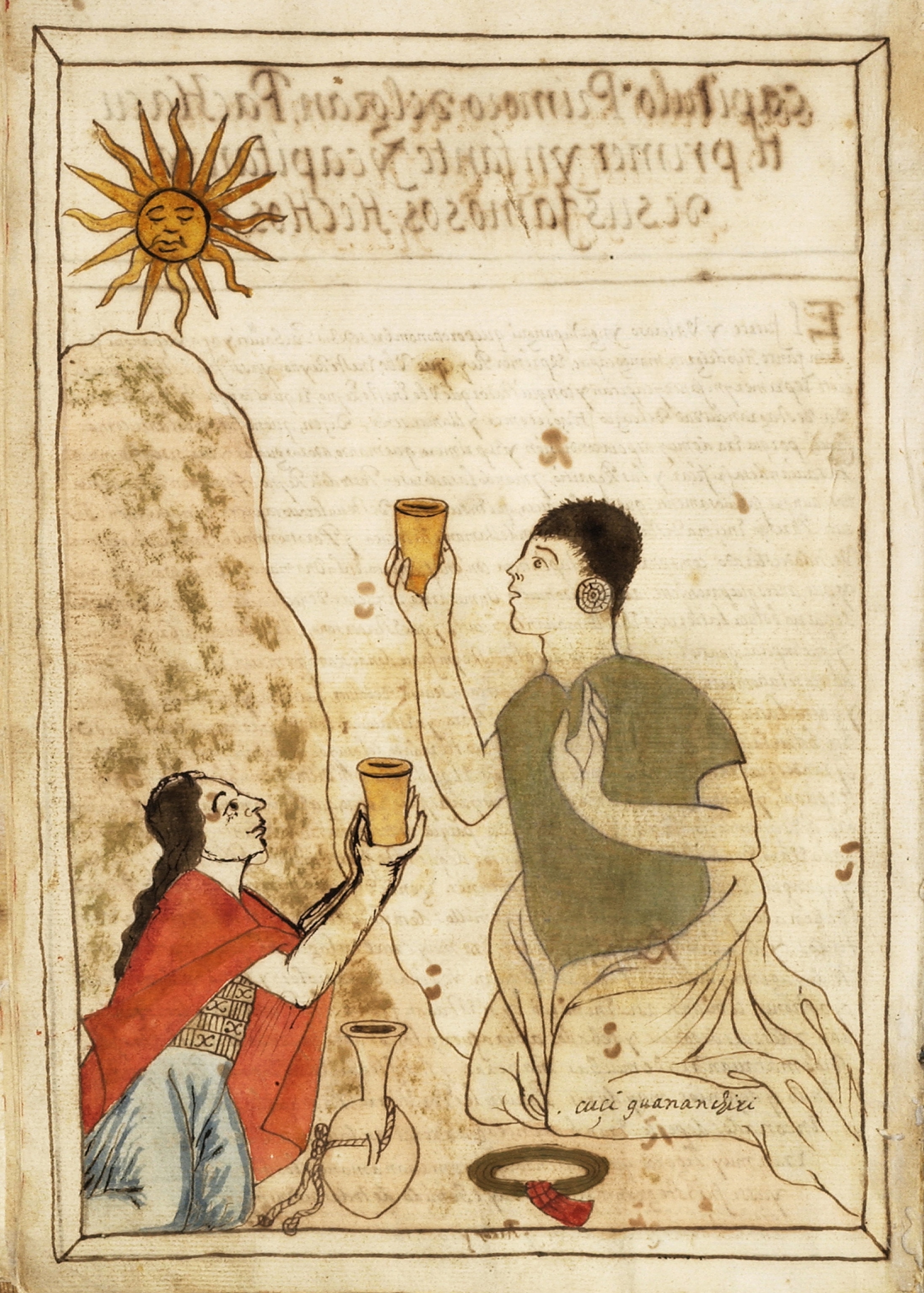 an old drawing of two people kneeling and holding up cups to the sun