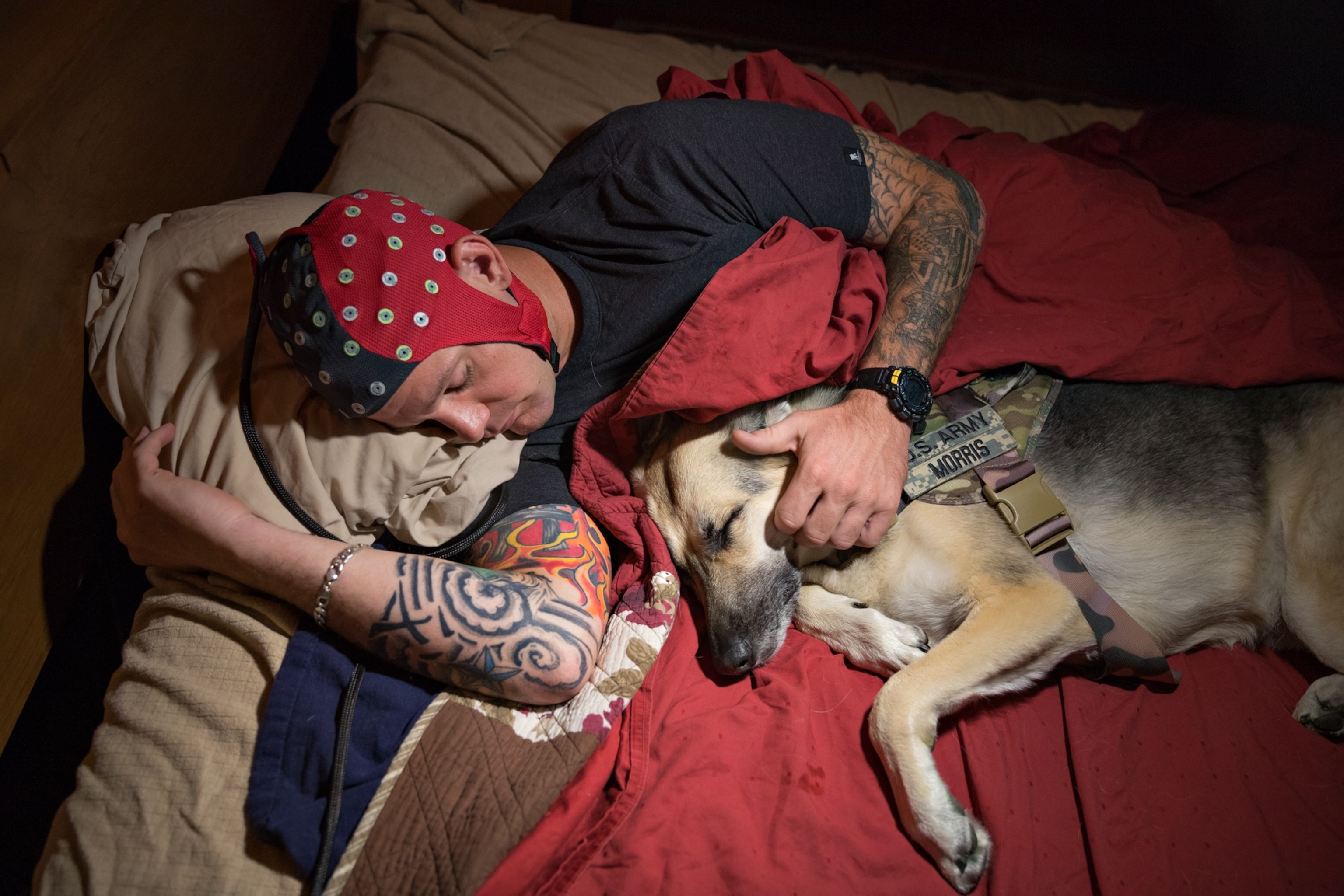 a man sleeping in a EEG cap with caressing his german shepherd