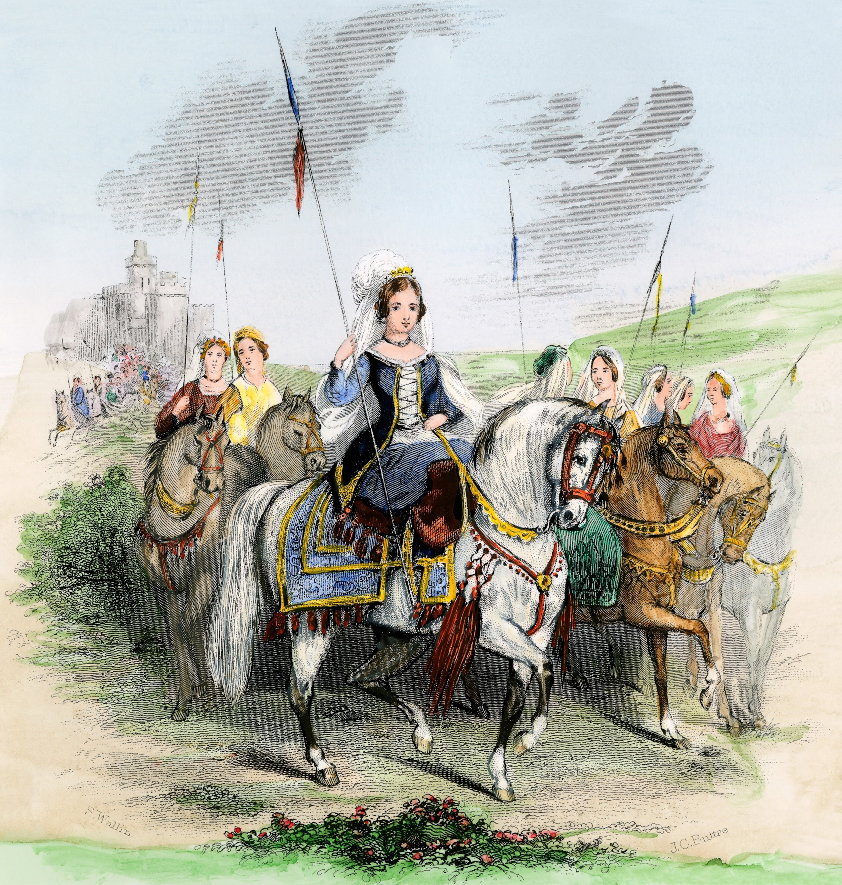A woman holds the banner at the center of an image on a white horse with others riding horse back around her.