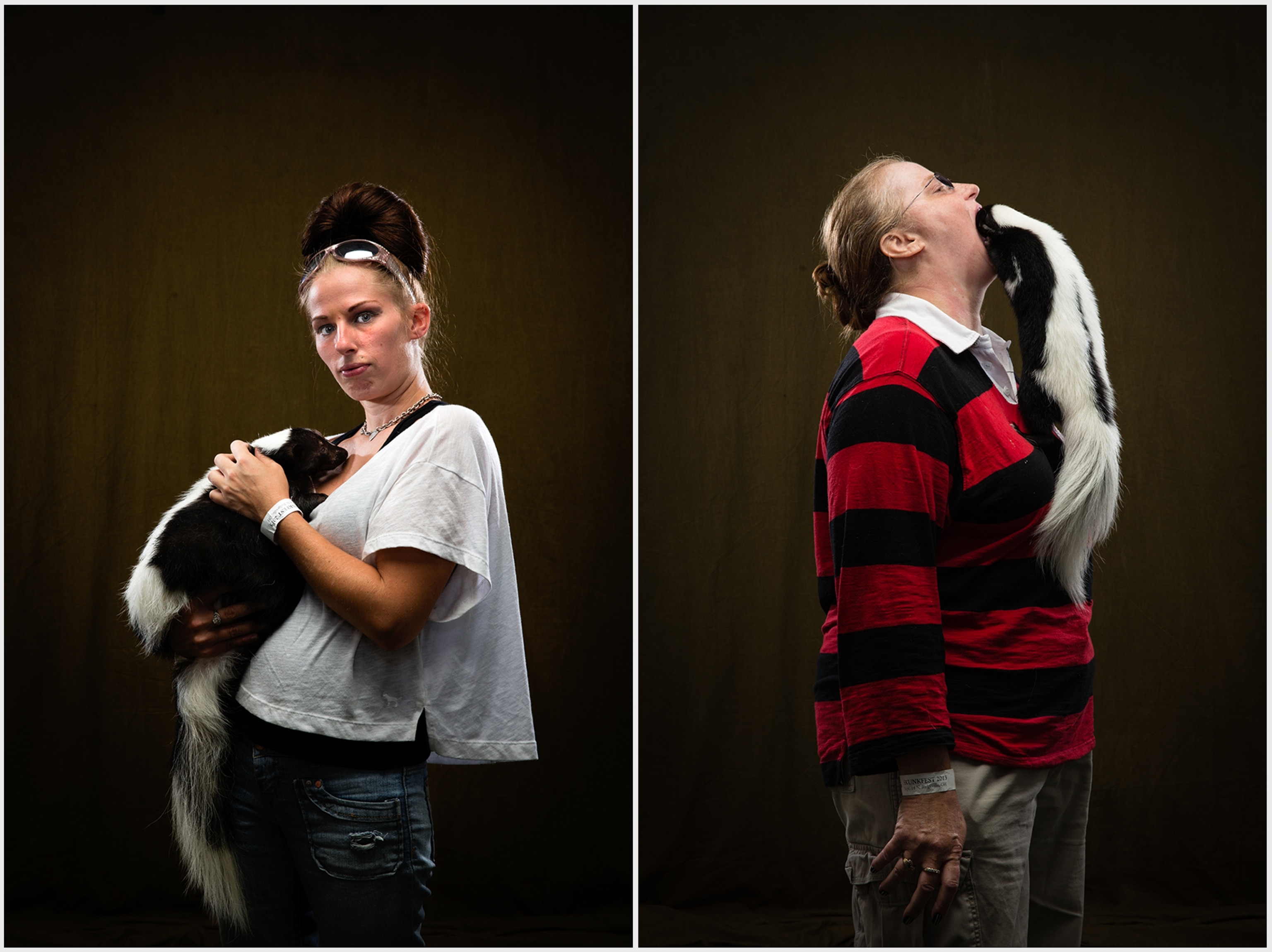 Left: Nikki Edwards holding Bandit. Right: Her mother, Gail Ceneskie, holding Bella. Nikki is a full-time mom and caregiver. Gail is an executive assistant. Bella's head is in Gail's mouth retrieving walnuts.