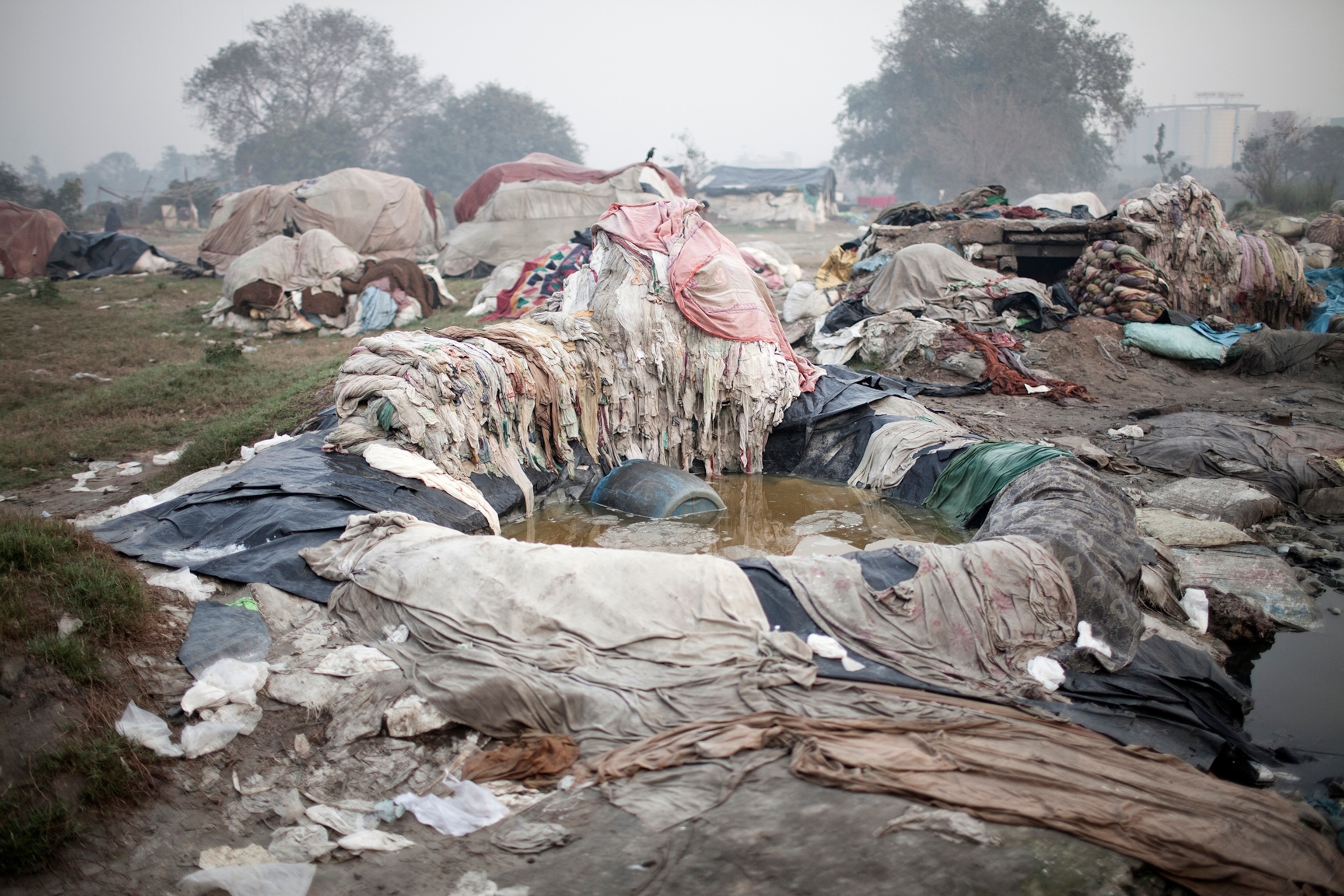 an outdoor makshift laundry for hotels along the Yamuna river