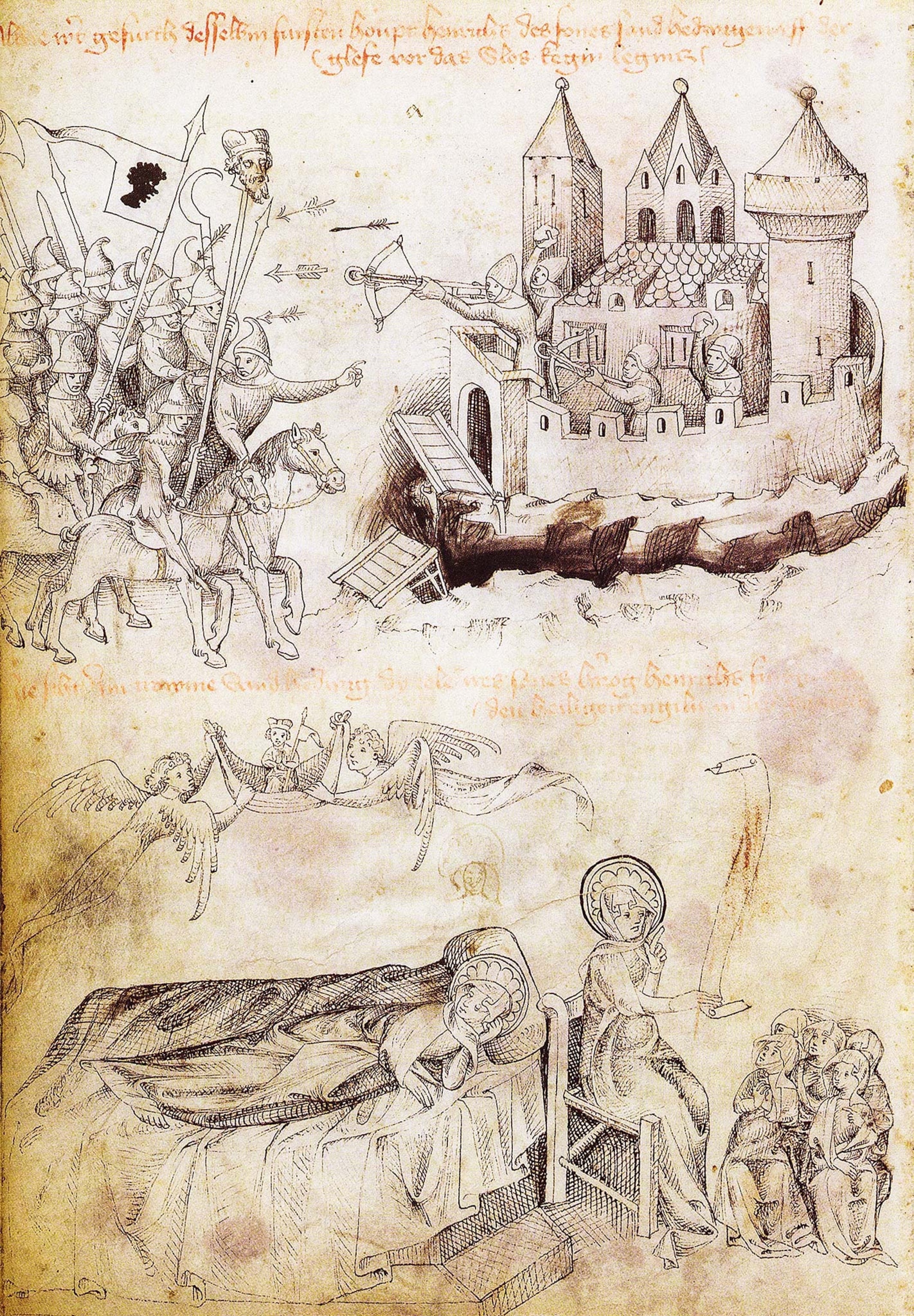 A manuscript illustration of armies parading a city with a severed head