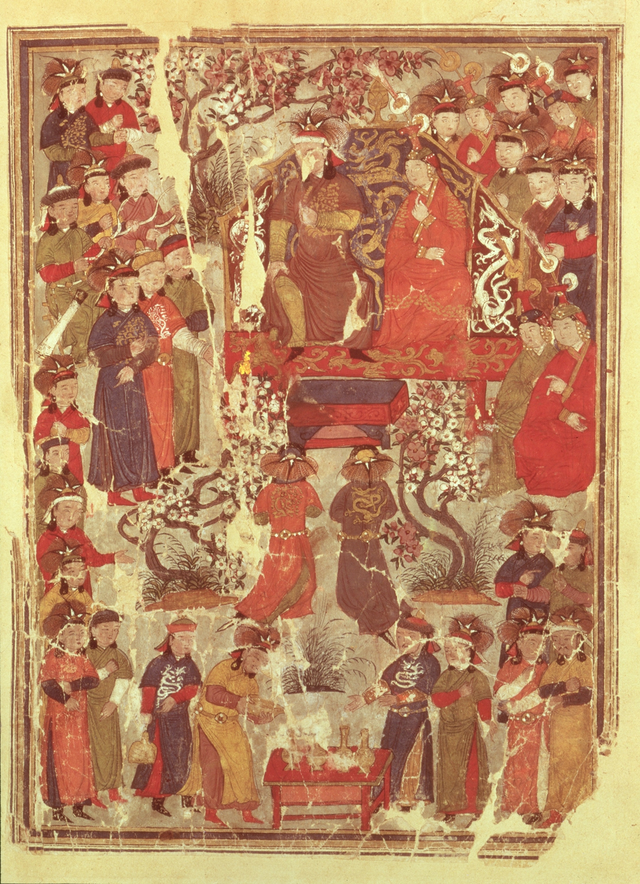 Genghis Khan and his wife Bortei enthroned before courtiers.