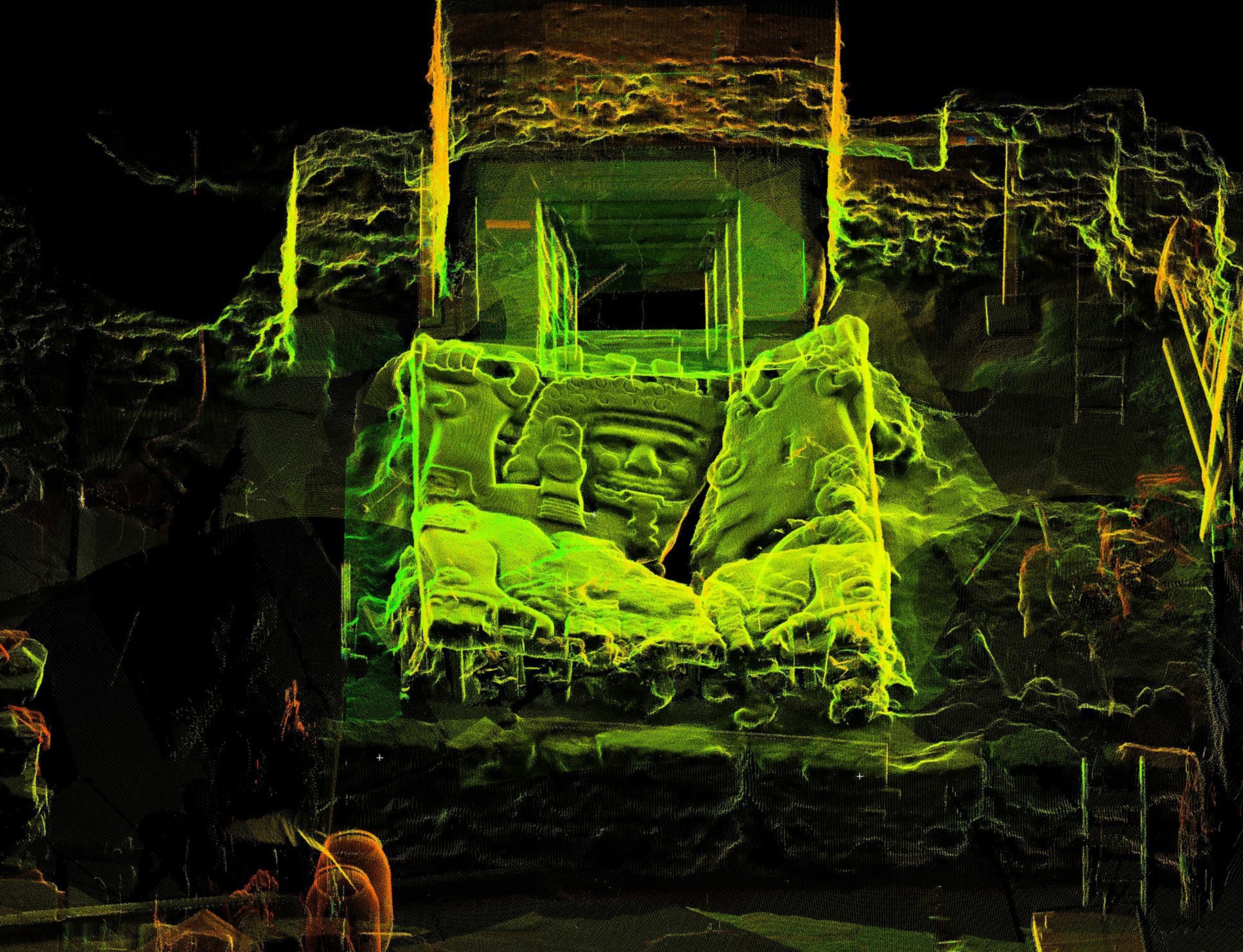 a green 3-D image used by archaeologists during the excavation of a sacred pyramid
