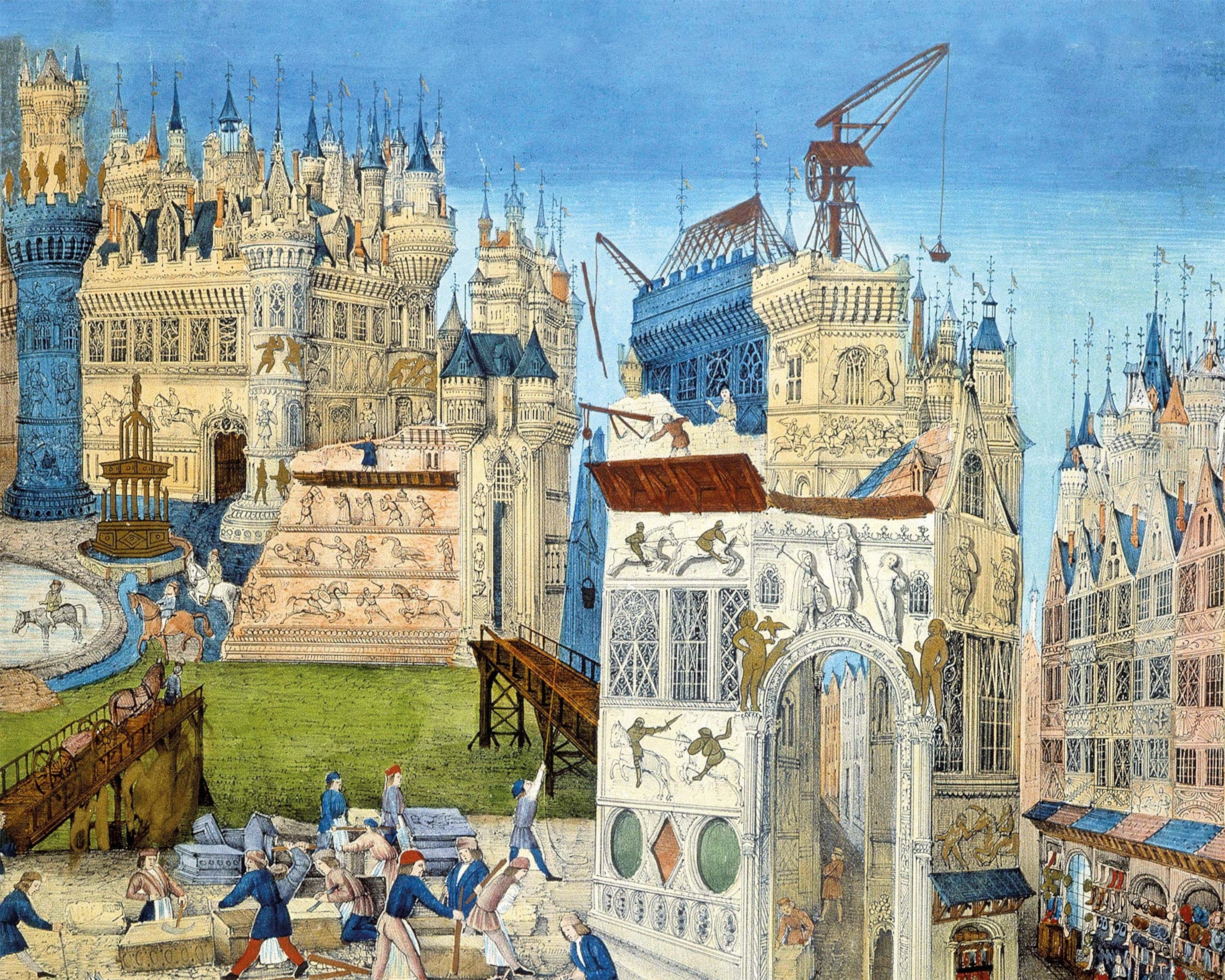 Cranes were innovations used in the construction of Gothic cathedrals, shown in this illustration.