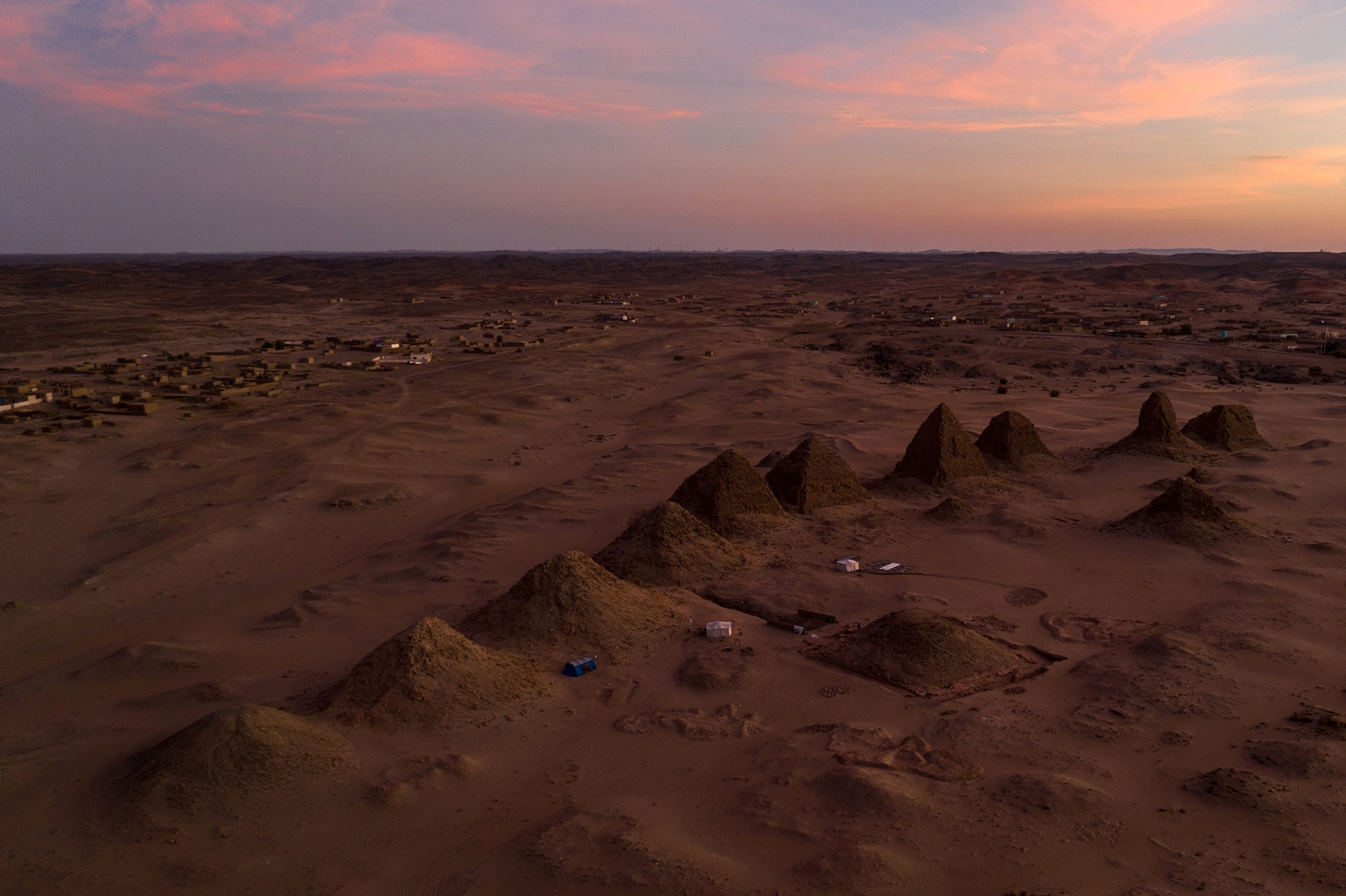 An aerial view of a string of pyramids in Sudan