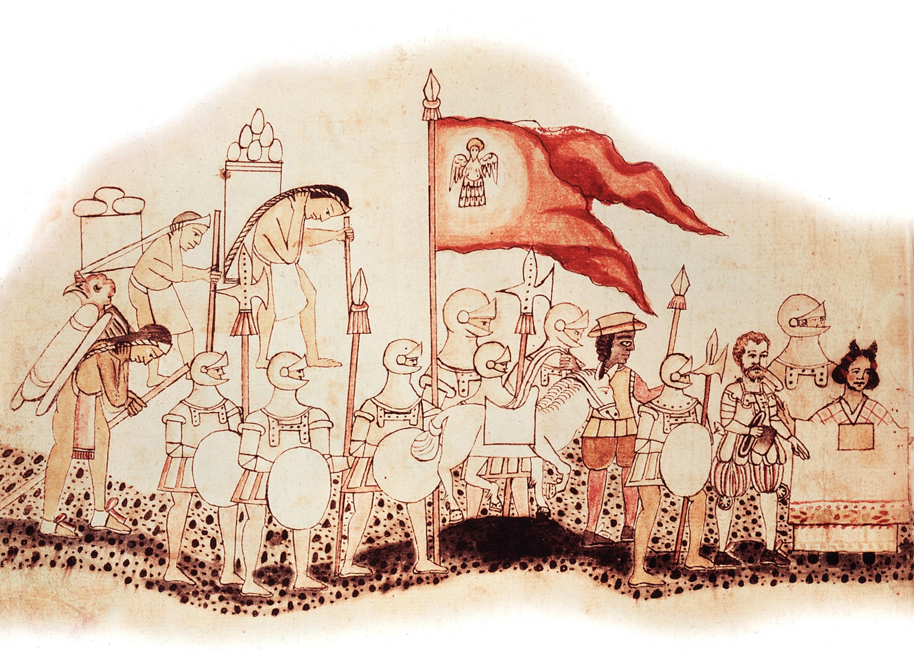 Hernandez Cortes, the Spanish conquistador, arrives in Mexico with his party in an illustration from an Aztec codex.