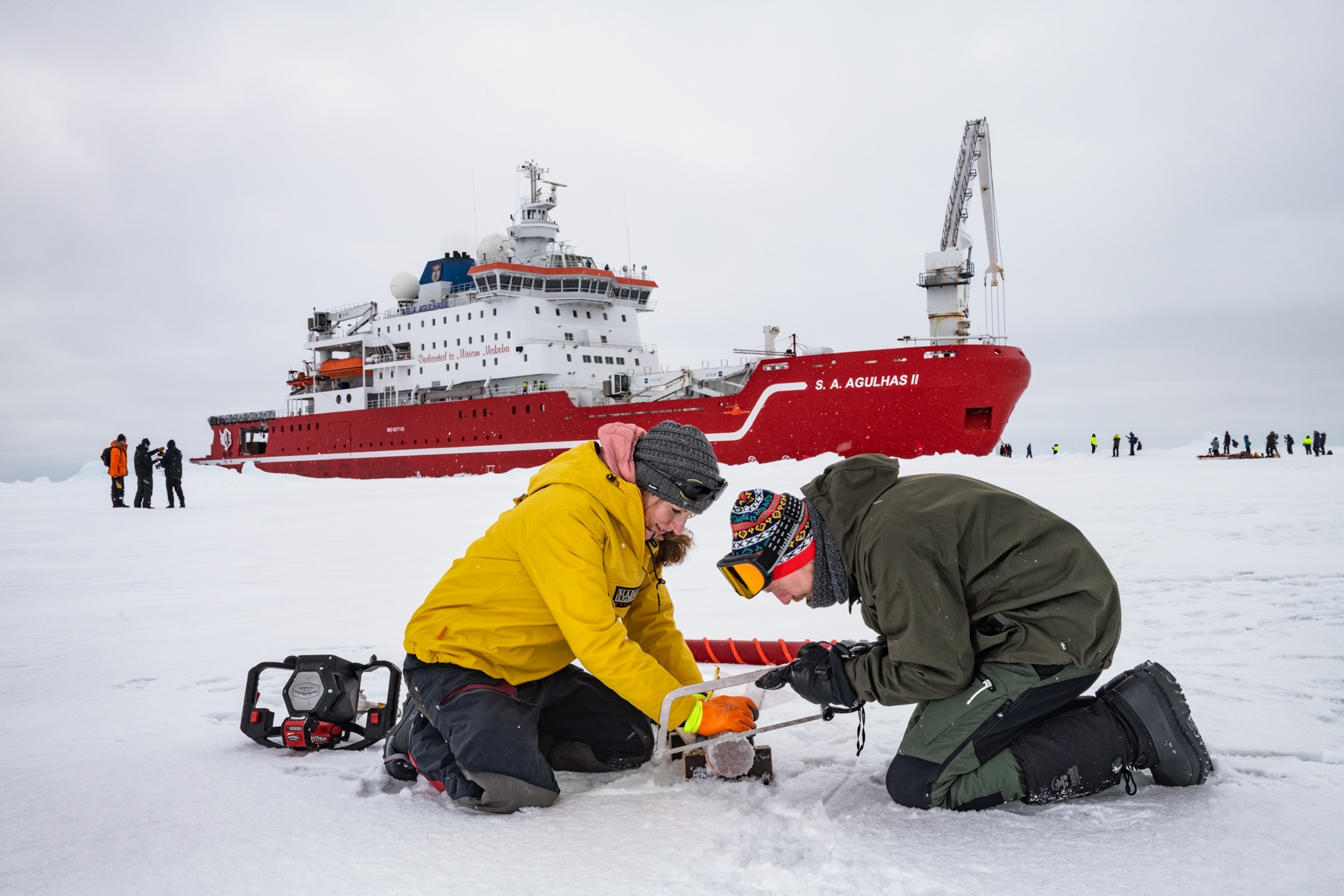 Scientists take ice cores for later analysis in lab to measure sea ice growth processes.