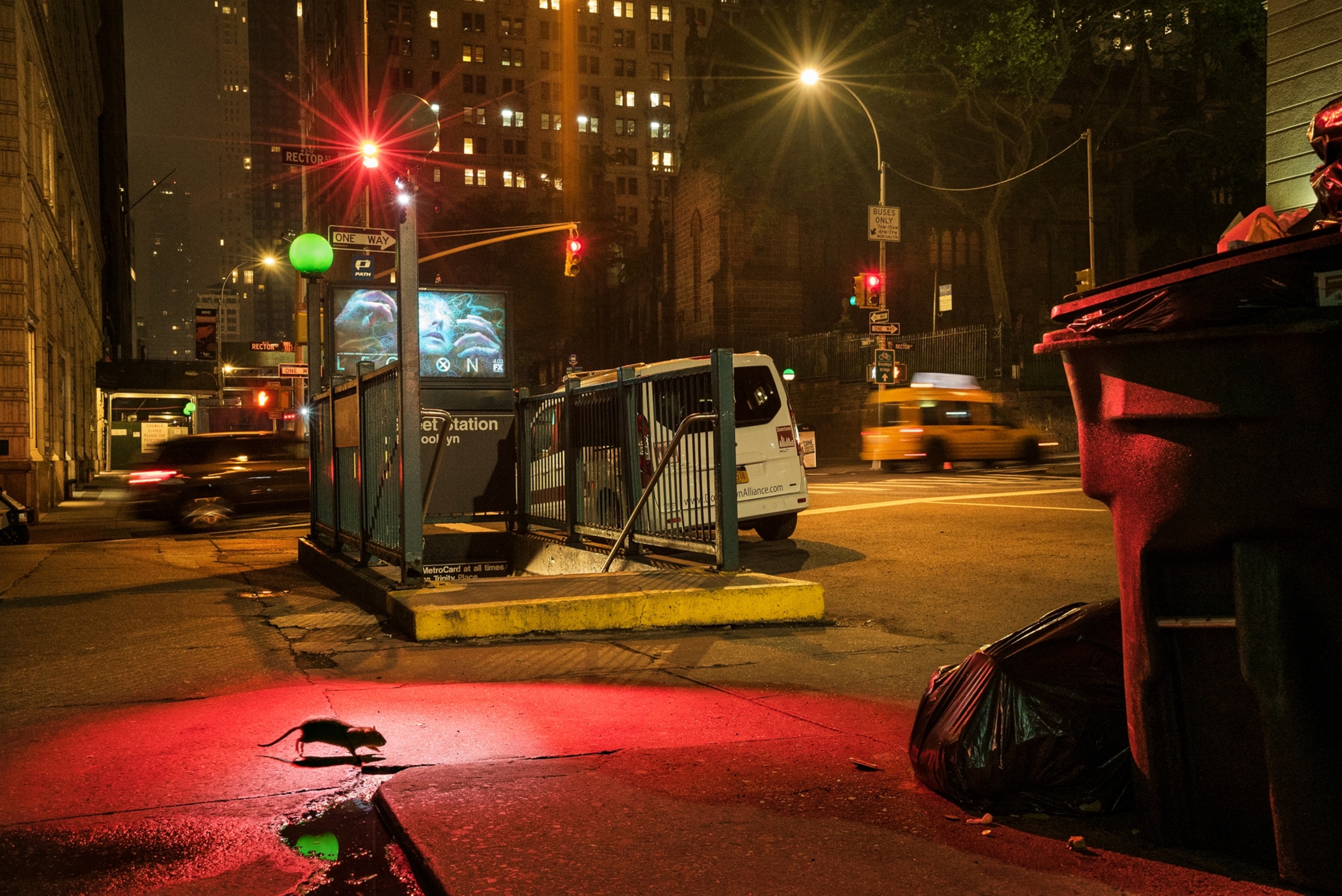 a rat running across the sidewalk under a bright red light
