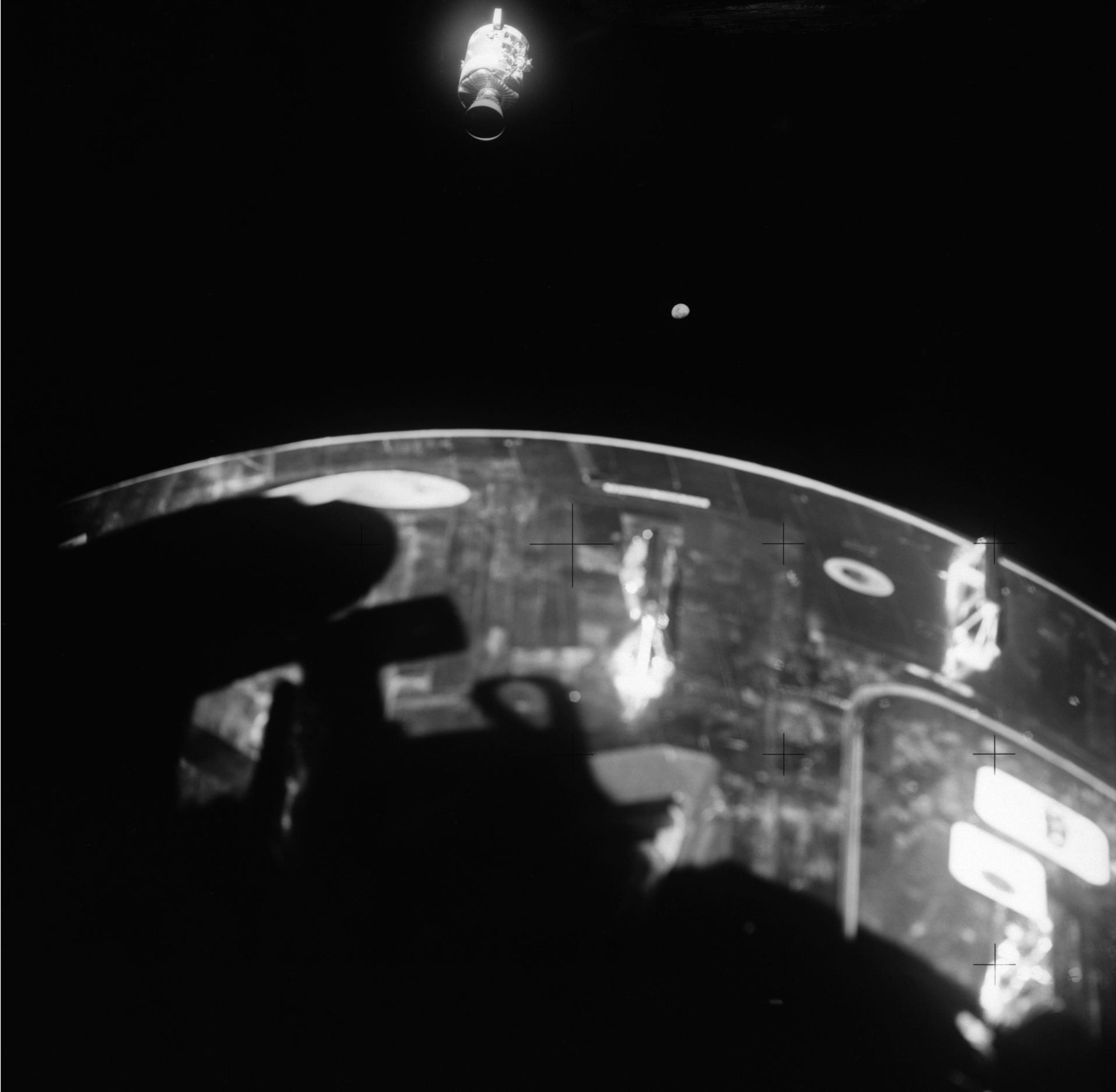 Black&White photo of spaceship taken from another spacecraft.