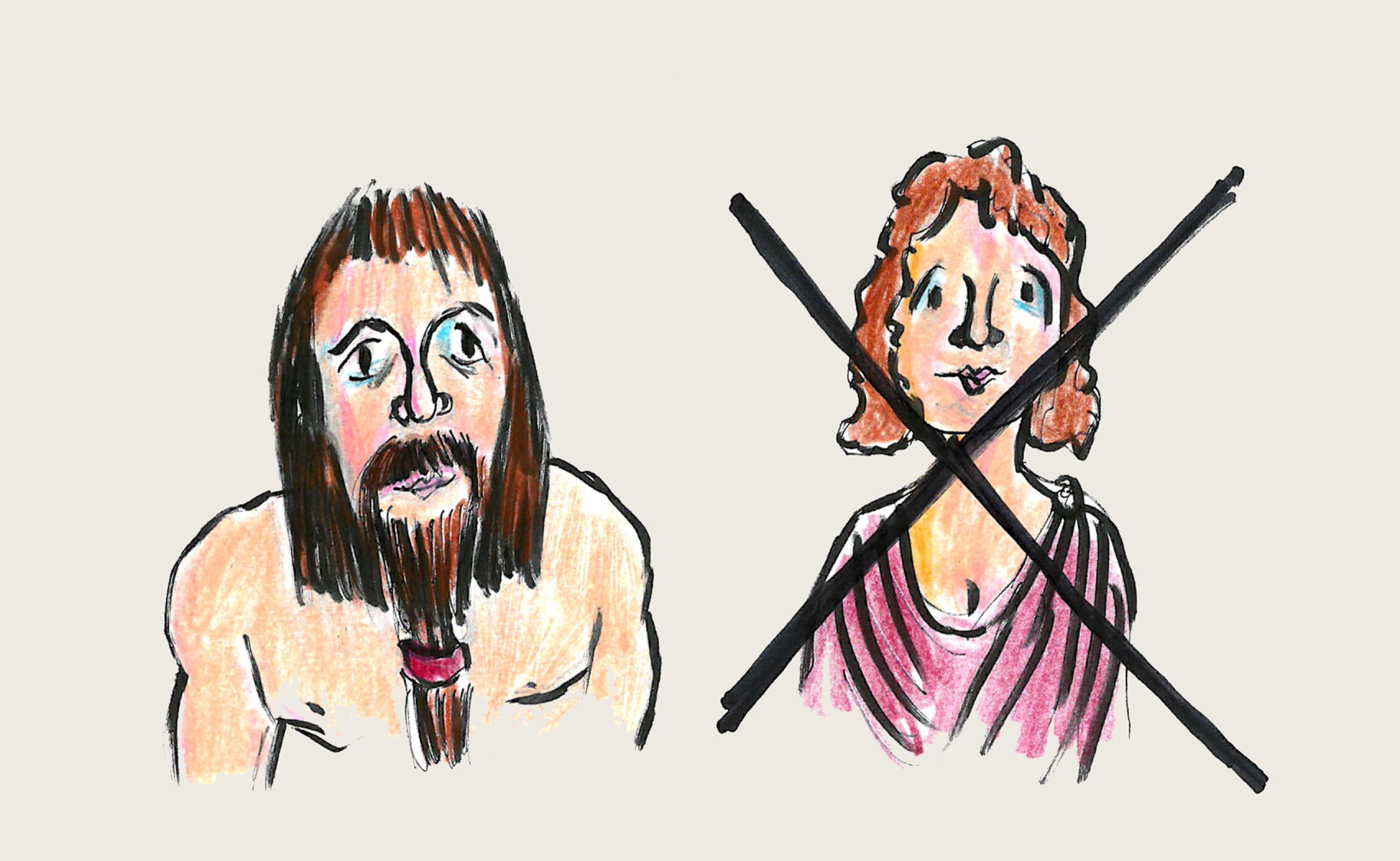 Drawing of of man and a woman, the woman is crossed out.