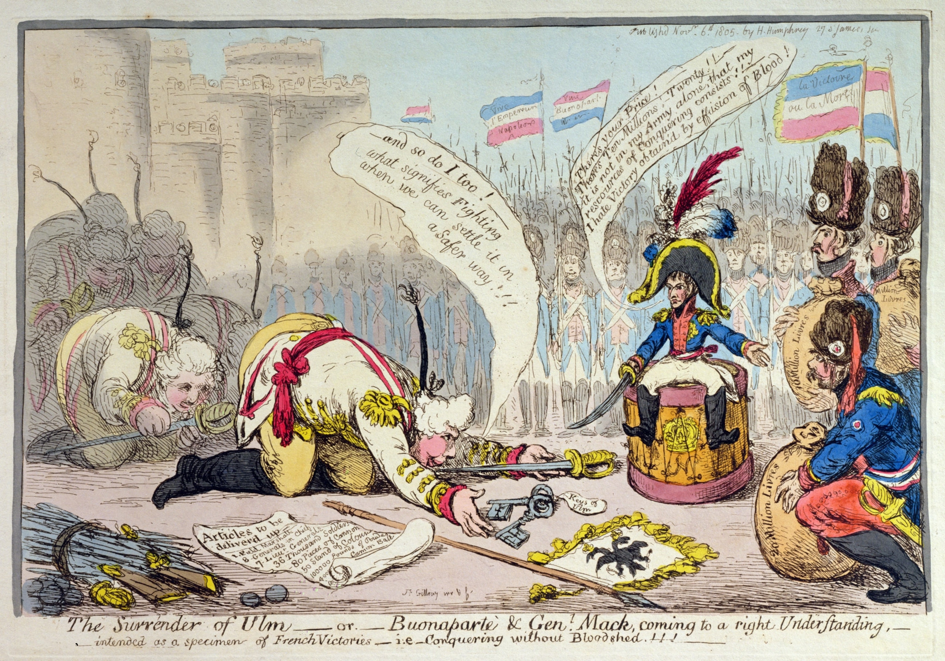 Large men bow down as a a tiny Napoleon sits on a barrel.