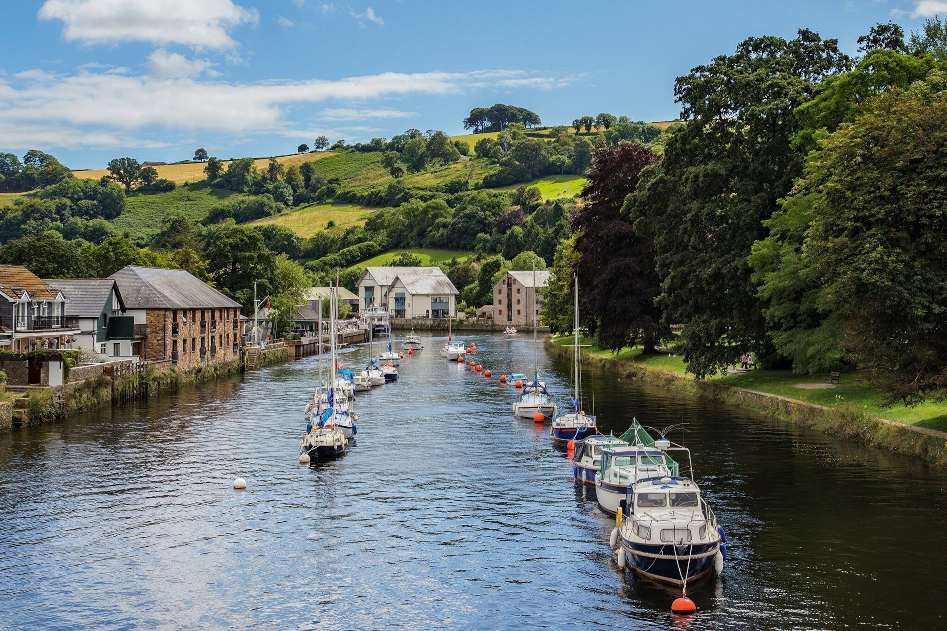 Two lines of boats moored on the river.