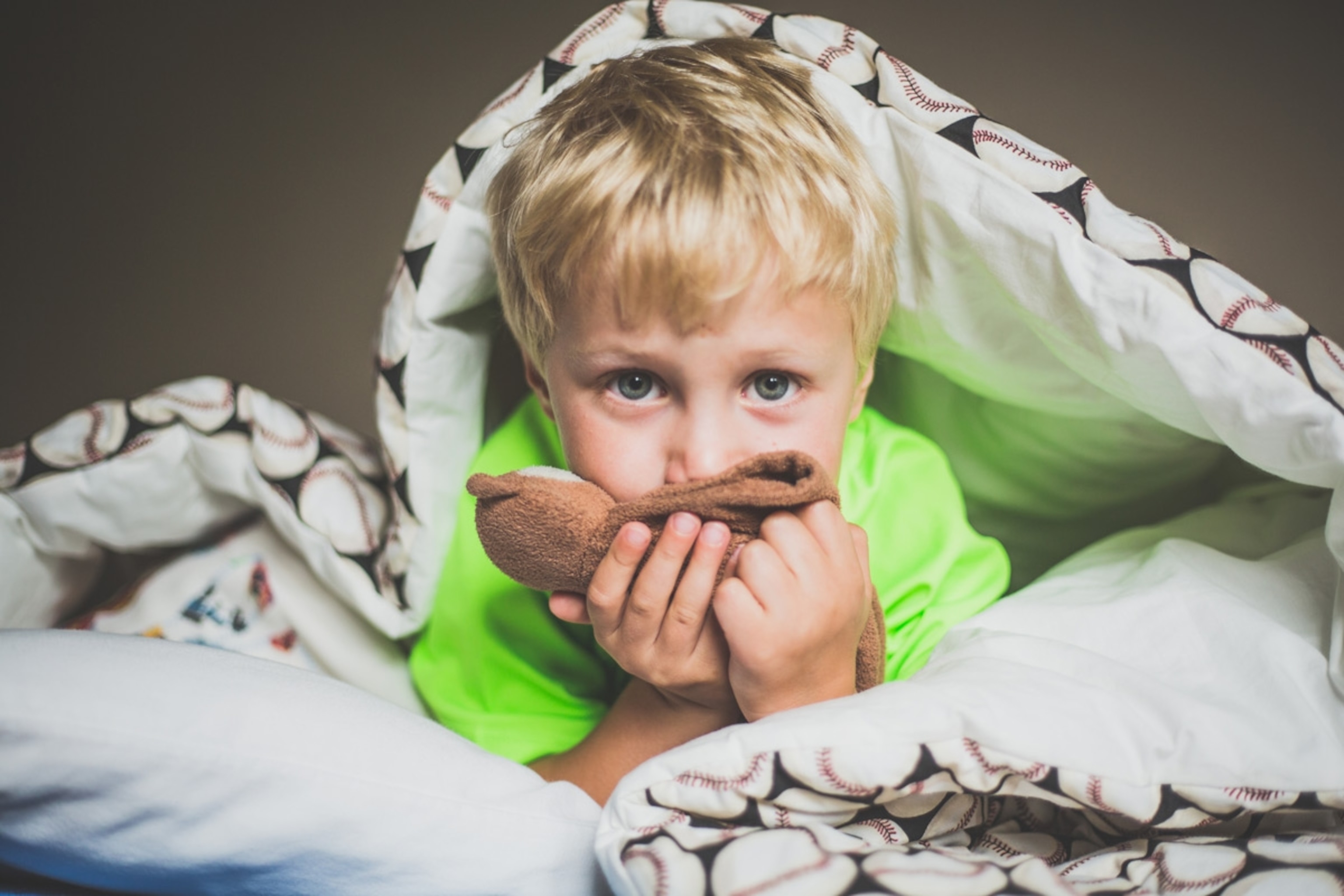 Little boy lays on his stomach with his blanket covering him and smelling a stuffed animal and looking at the camera. Sioux Falls, South Dakota