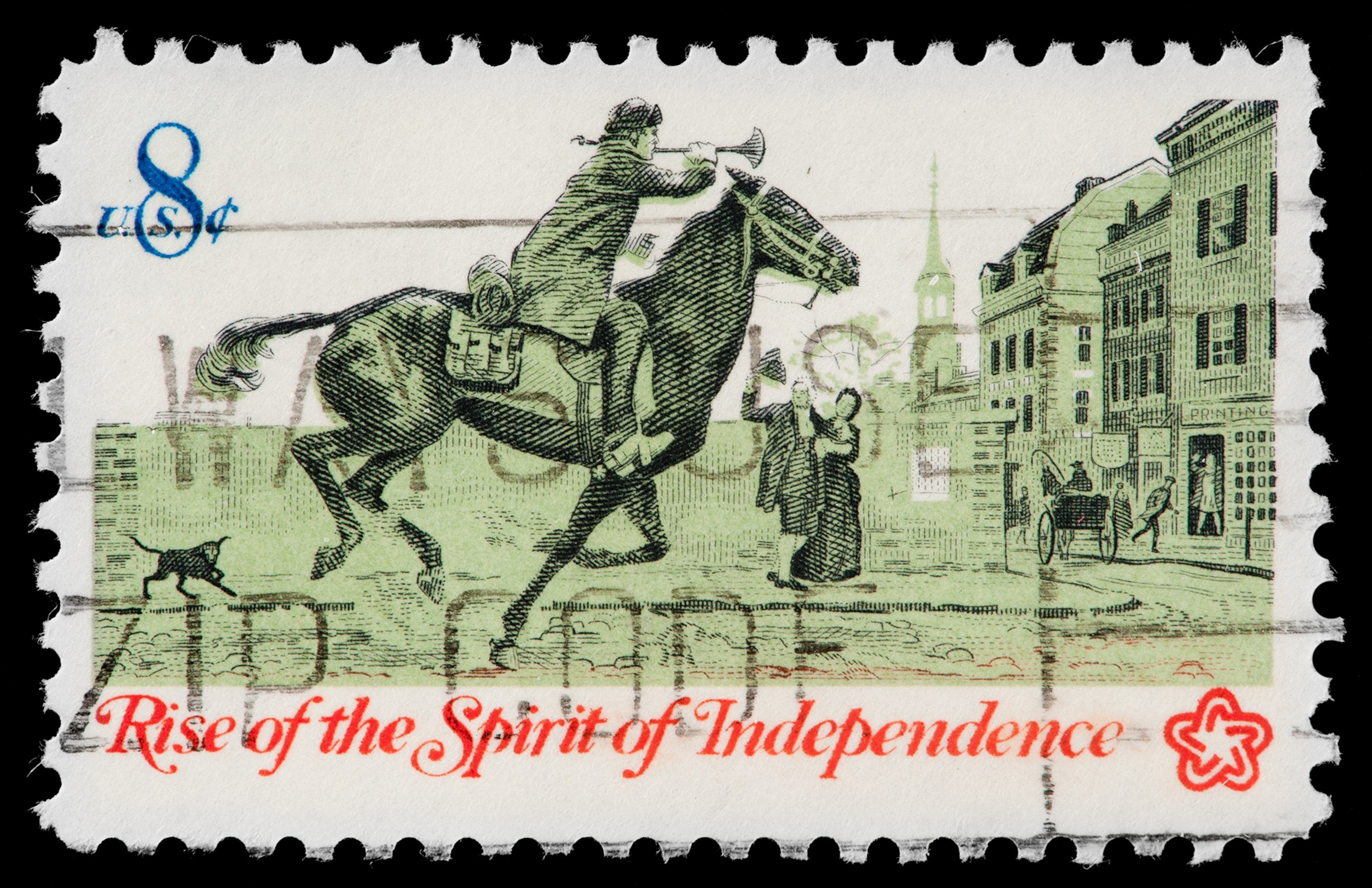 Paul Revere's Ride, 1775, Commemorated on American Vintage Postage Stamp. Paul Revere ,1735 to 1818, was an American silversmith and a patriot in the American Revolution. His famous ride was symbolic of the Rise of the Spirit of Independance in 1775.