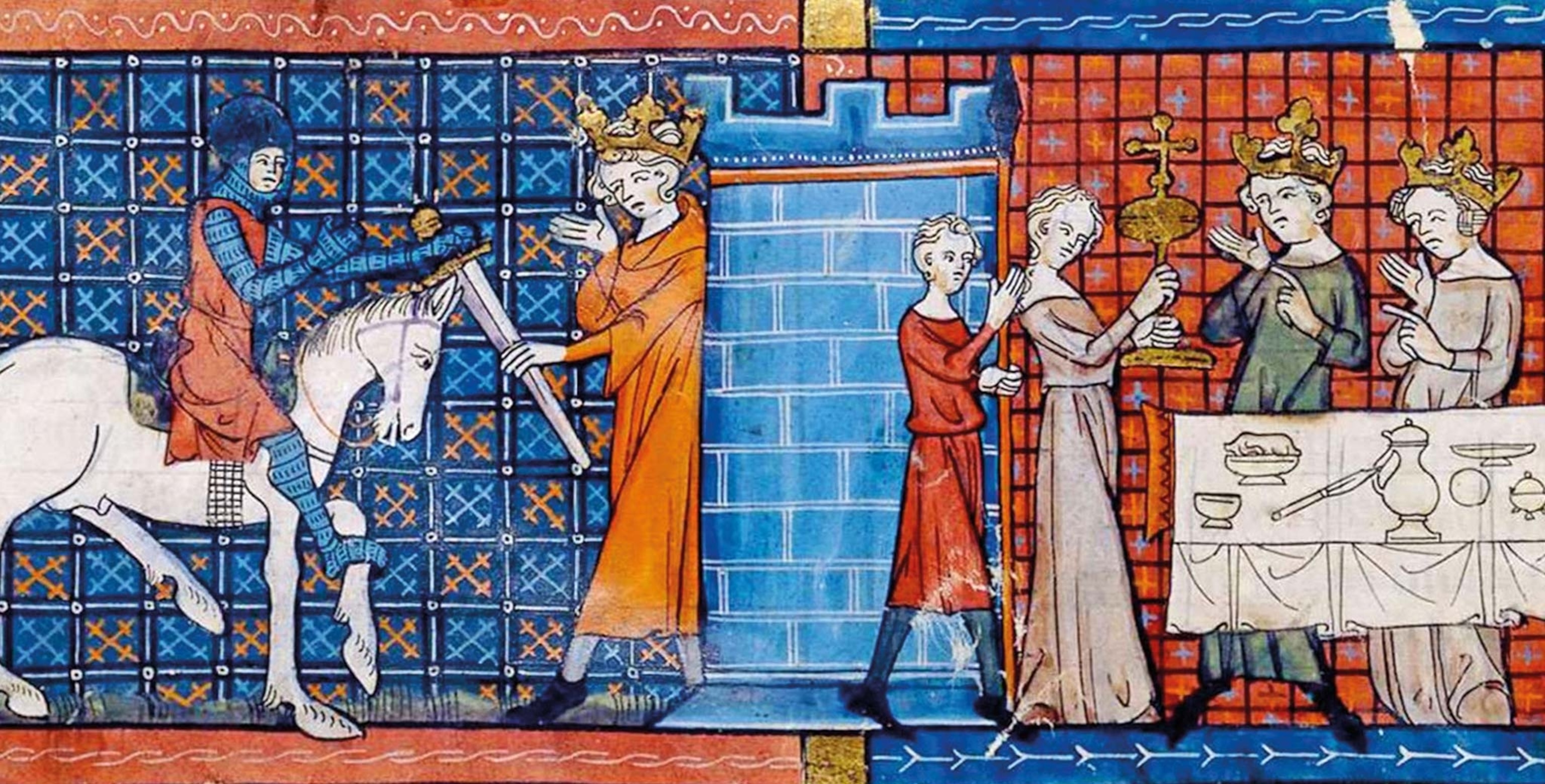 A miniature shows the Fisher King, guardian of the Holy Grail, greeting the knight Perceval as he arrives on horse, and the vessel in the hands of a young woman