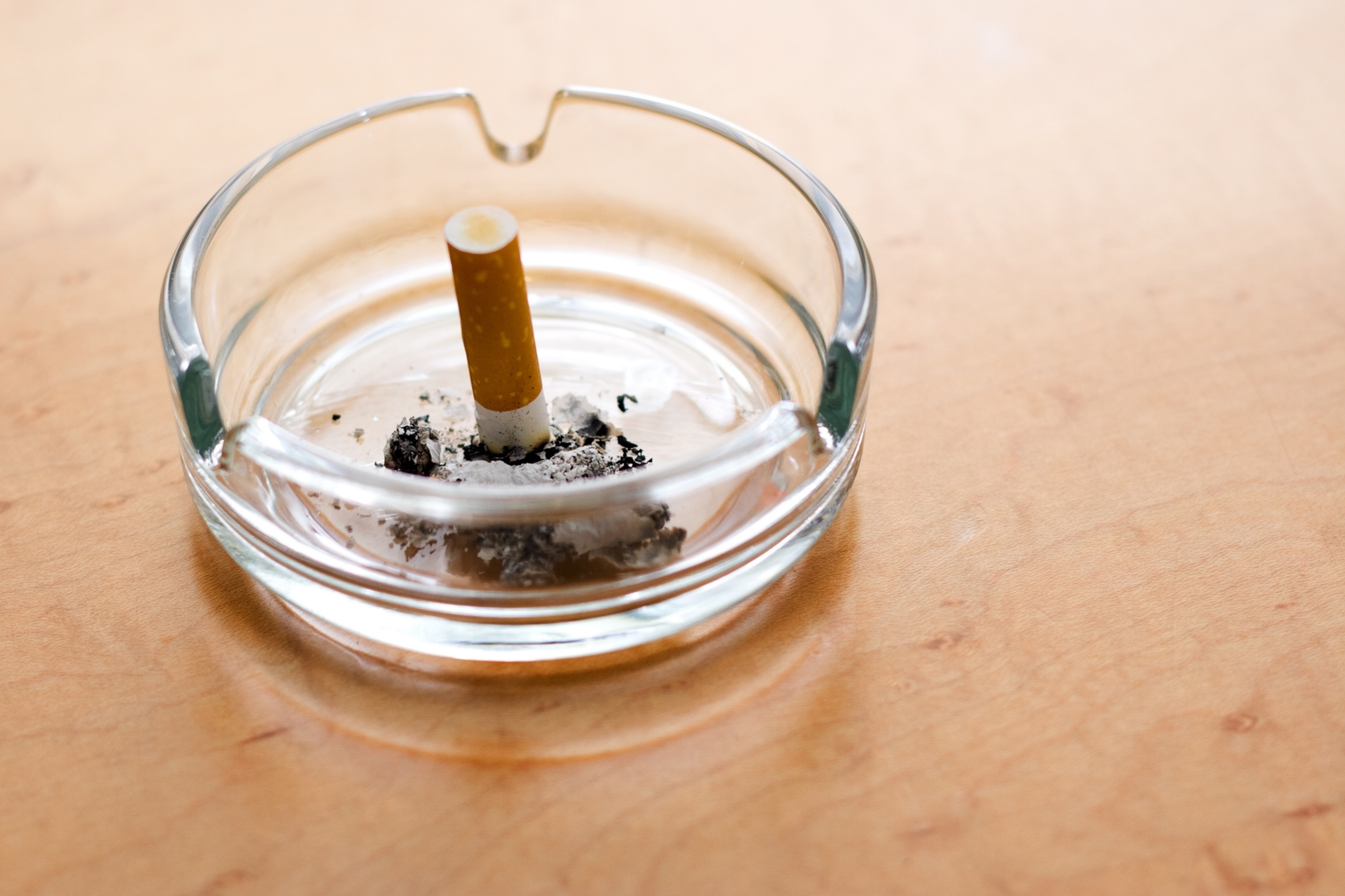 A single cigarette extinguished in an ashtray.