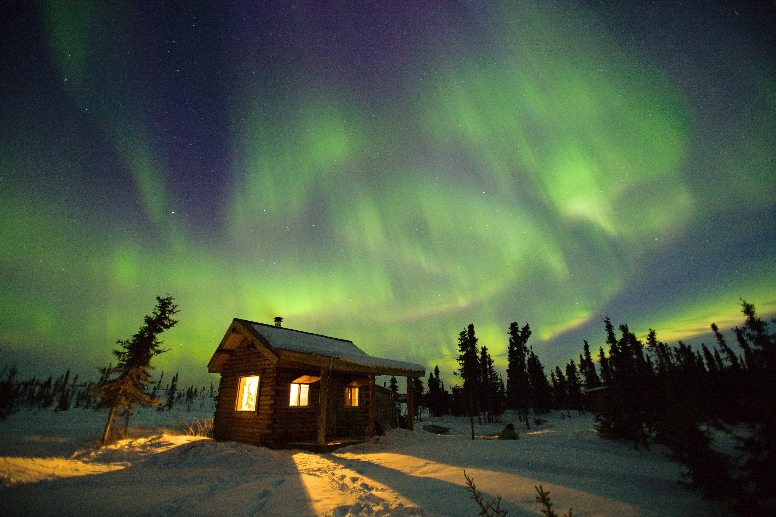 a cabin under the night and an aurora in Fairbanks, Alaska