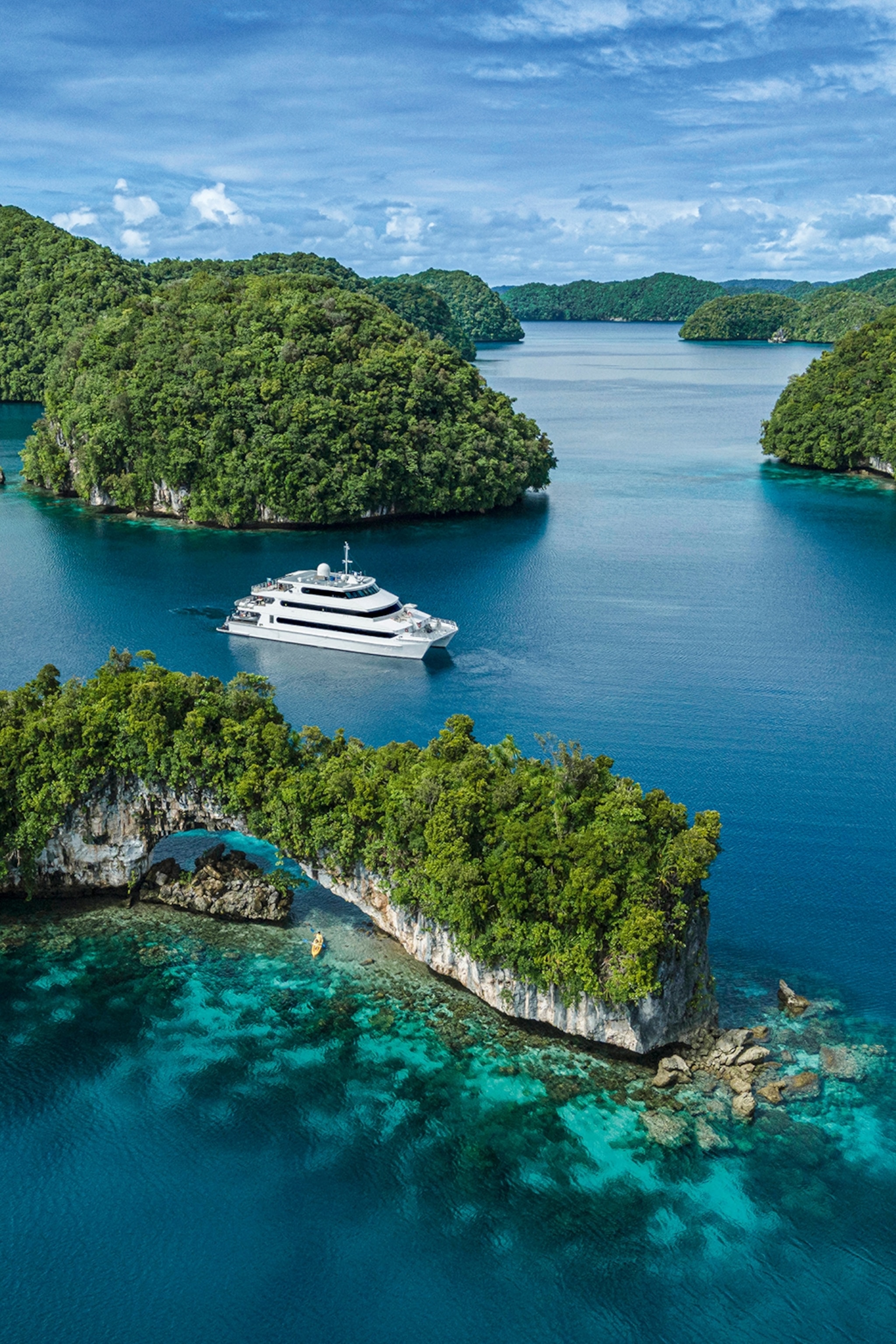 A constellation of green rock islands with a cruise ship driving between them.