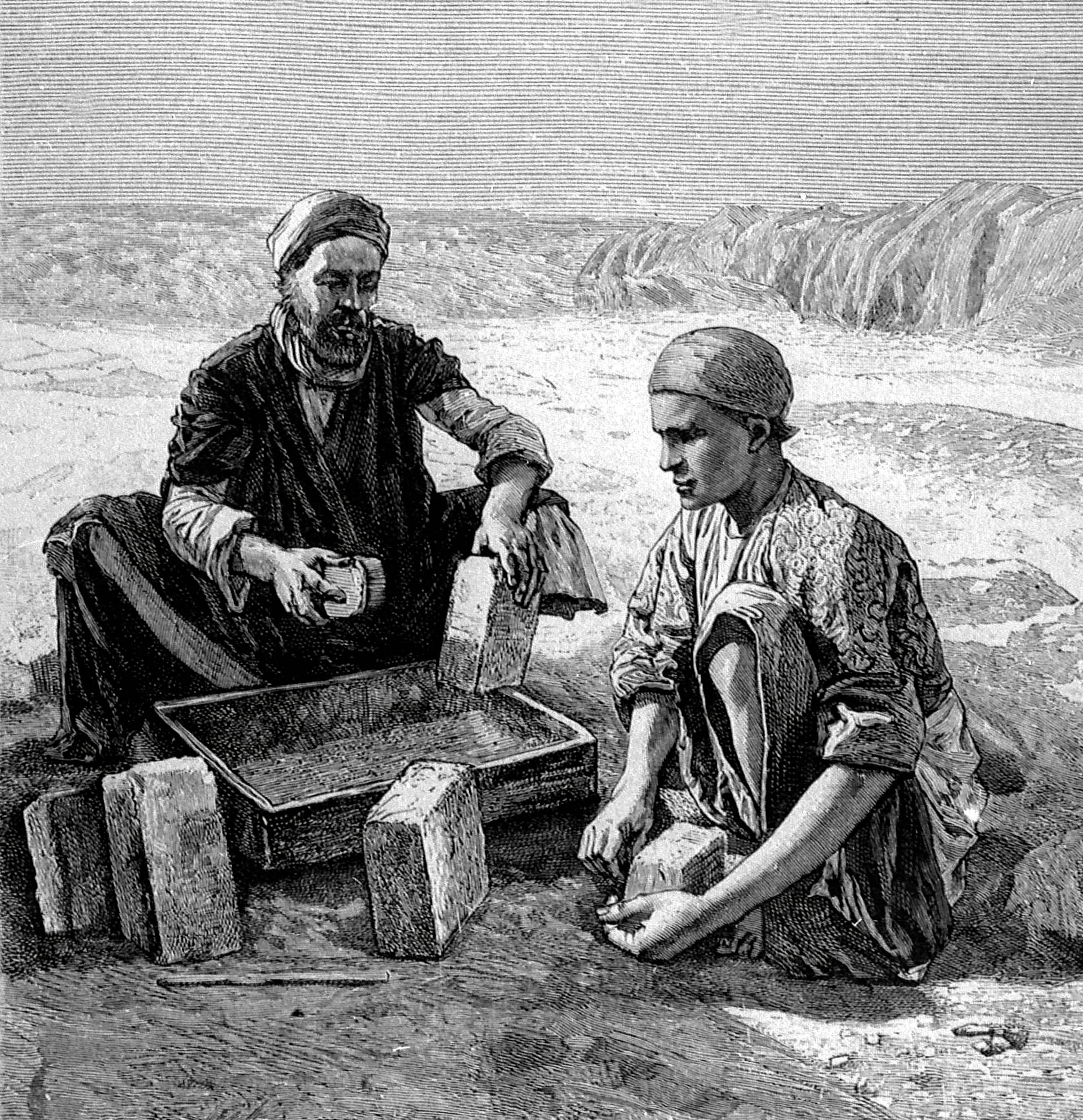 A drawing of two people working with stone bricks