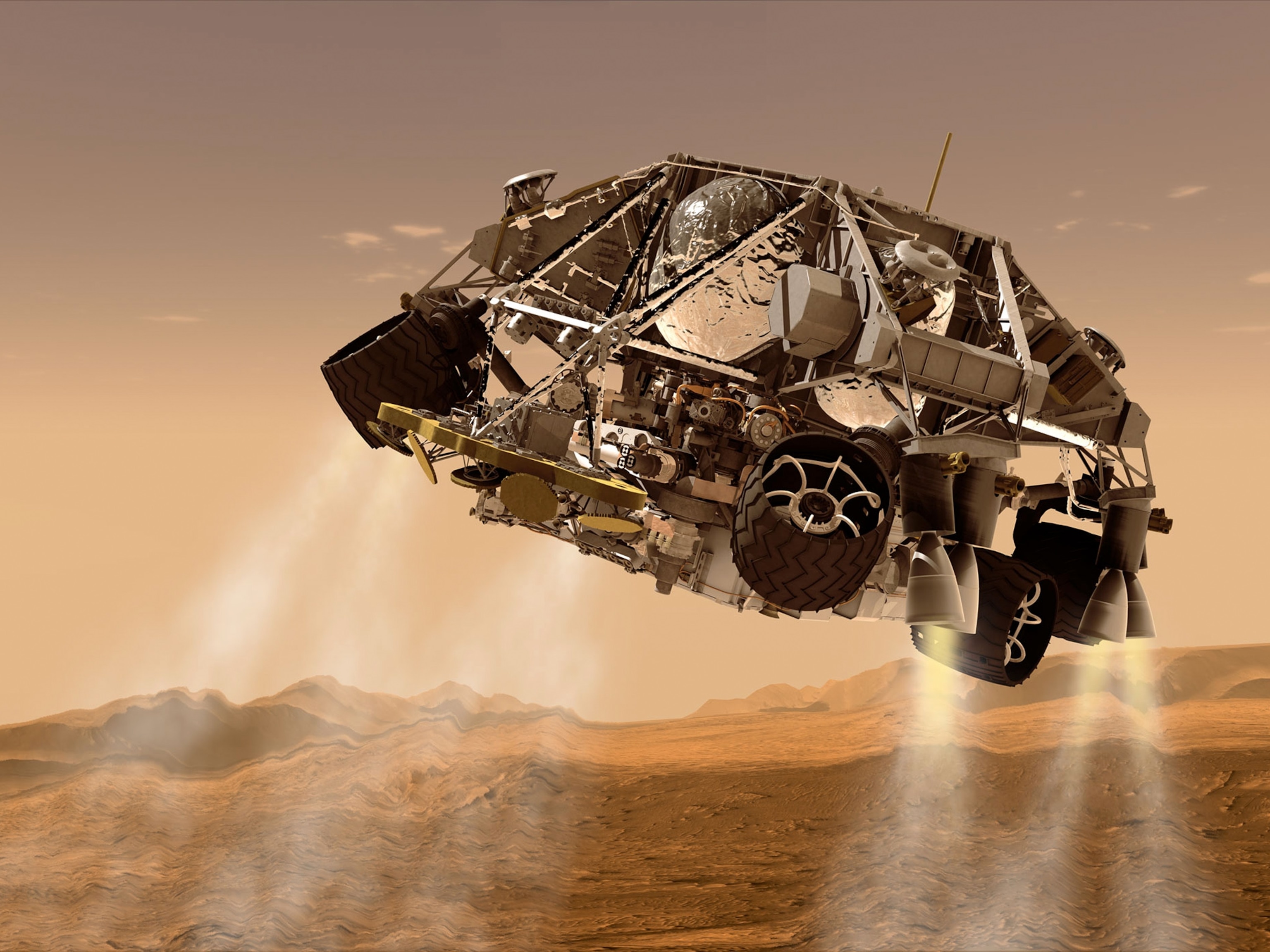 An illustration of a Mars rover descending to the surface.