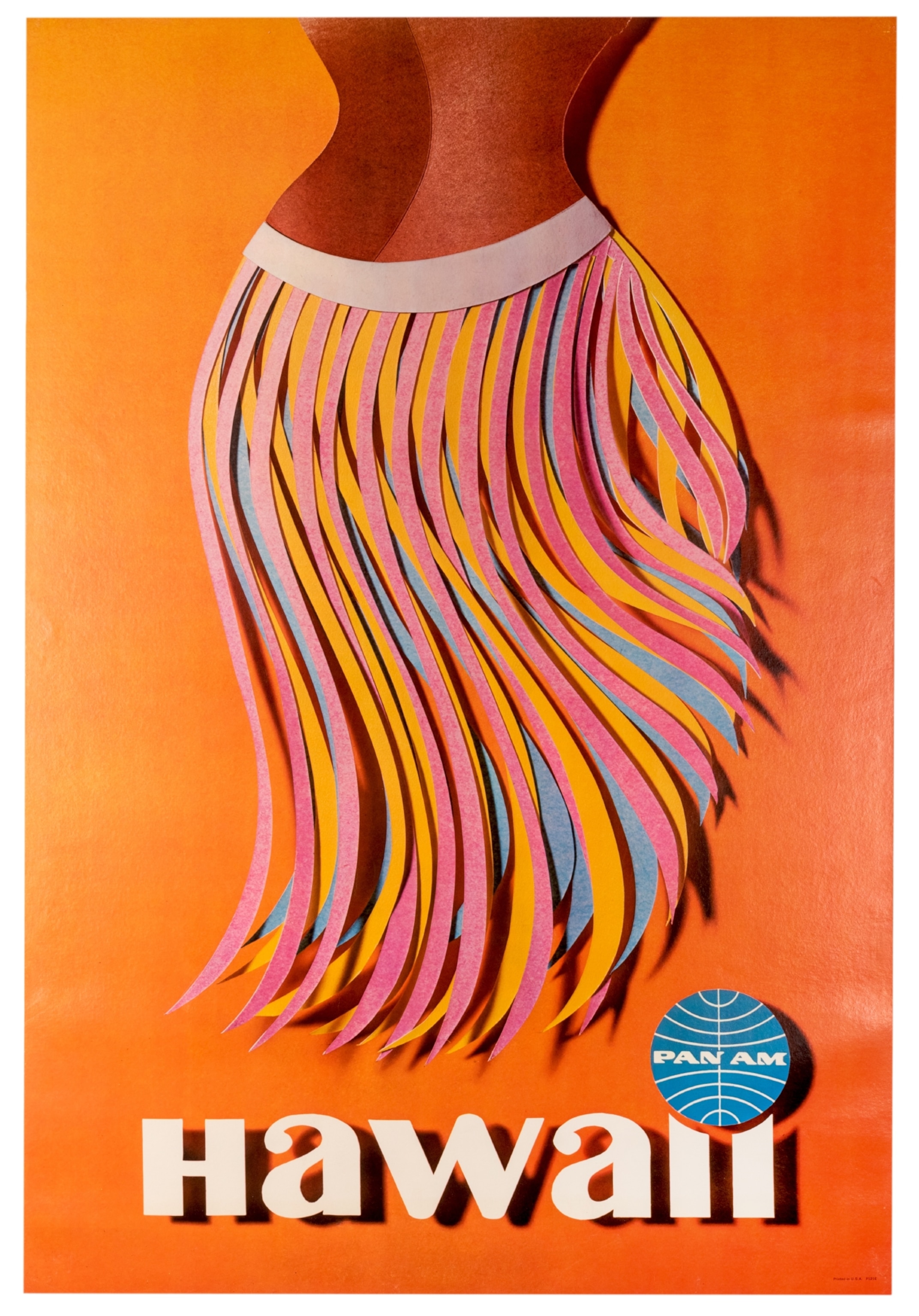 "Hawaii" travel poster depicting a female hula dancer's torso, from the back, wearing a colorful, grass-skirt