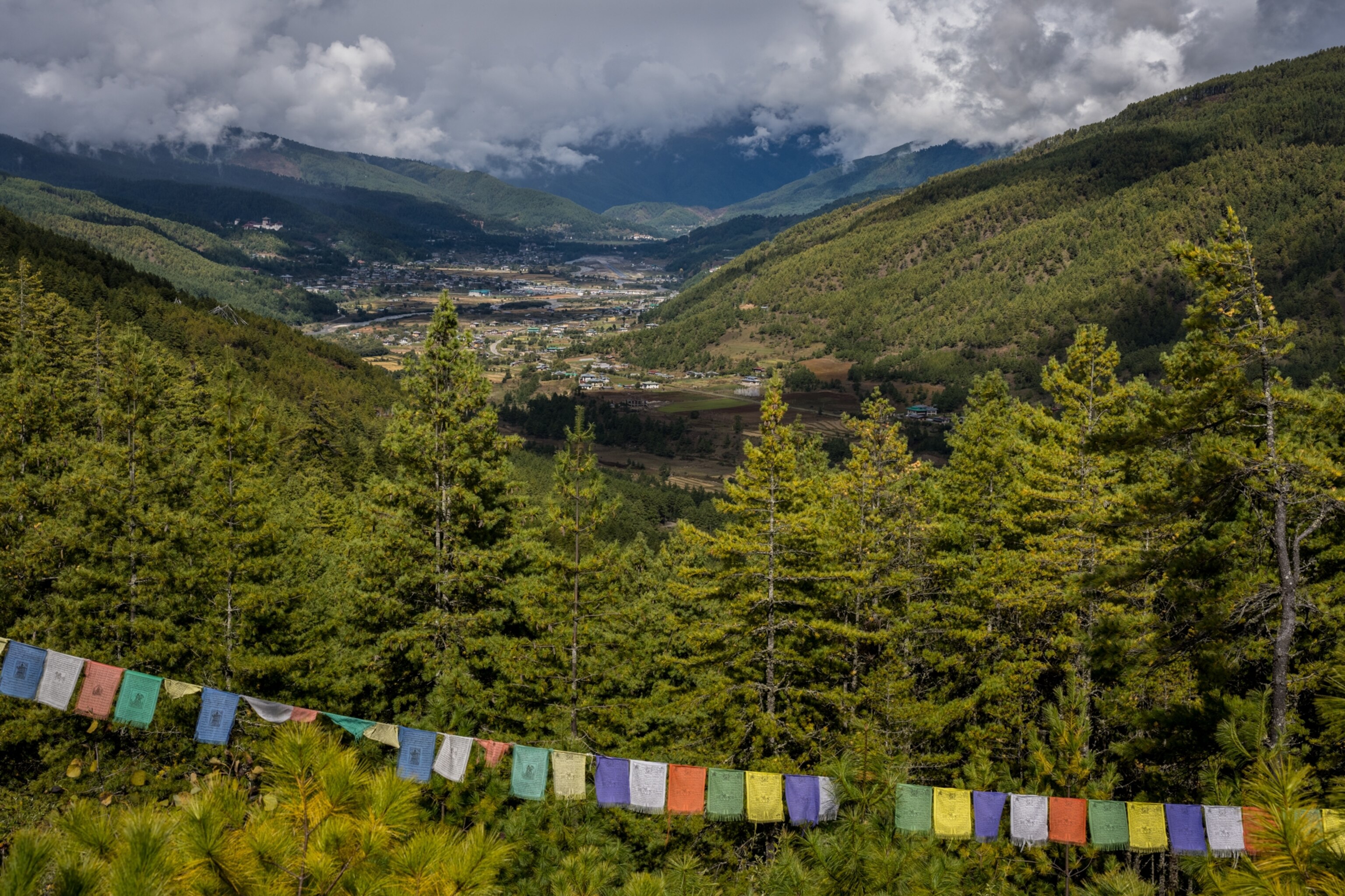 An overview of the town of Jakar, in Bumthang's Chokhor Valley, as seen from the trail above the Kiki La pass.