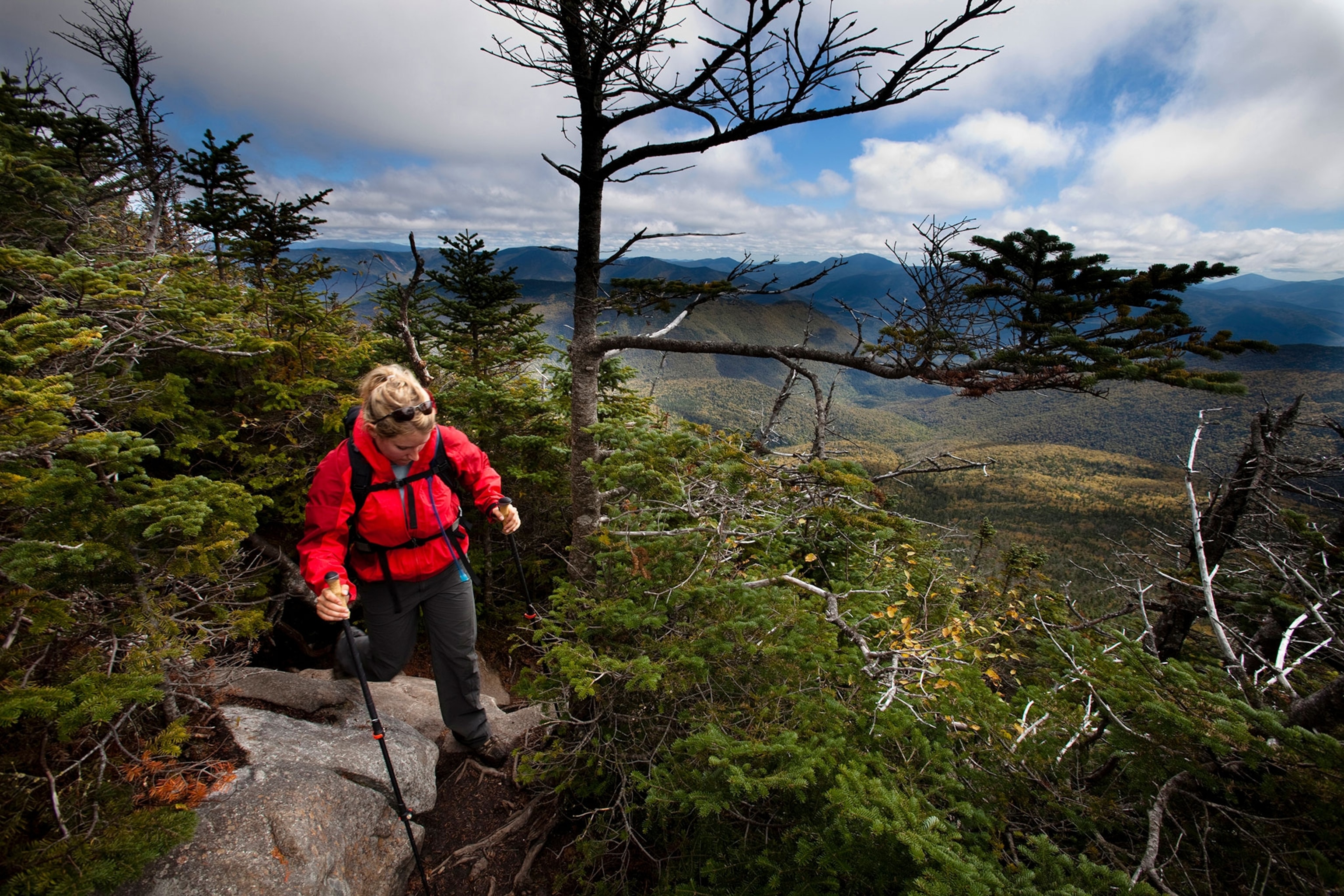 a hiker on the Franconia Ridge Trail in Franconia State Park, New Hampshire