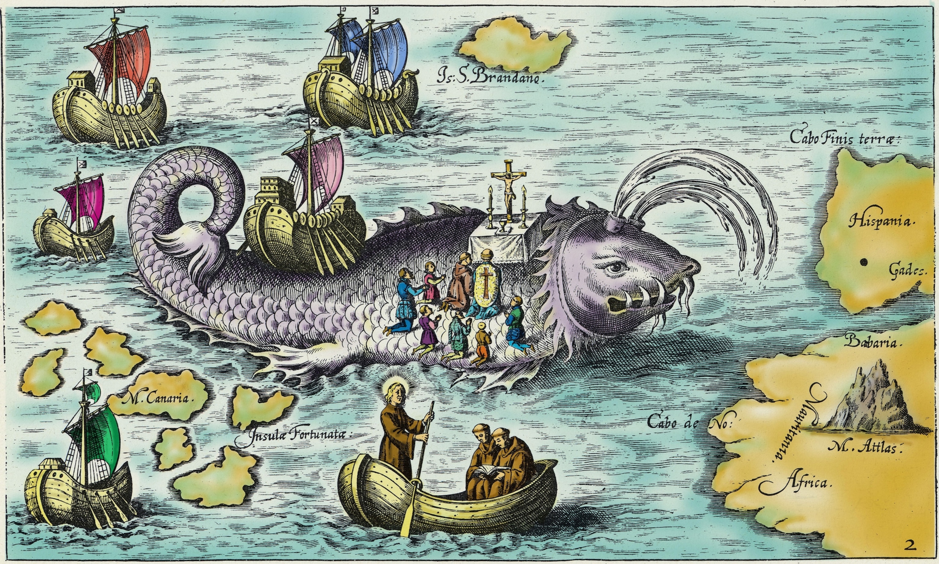 An illustration from 1621 shows Saint Brendan on a giant fish arriving on the island.