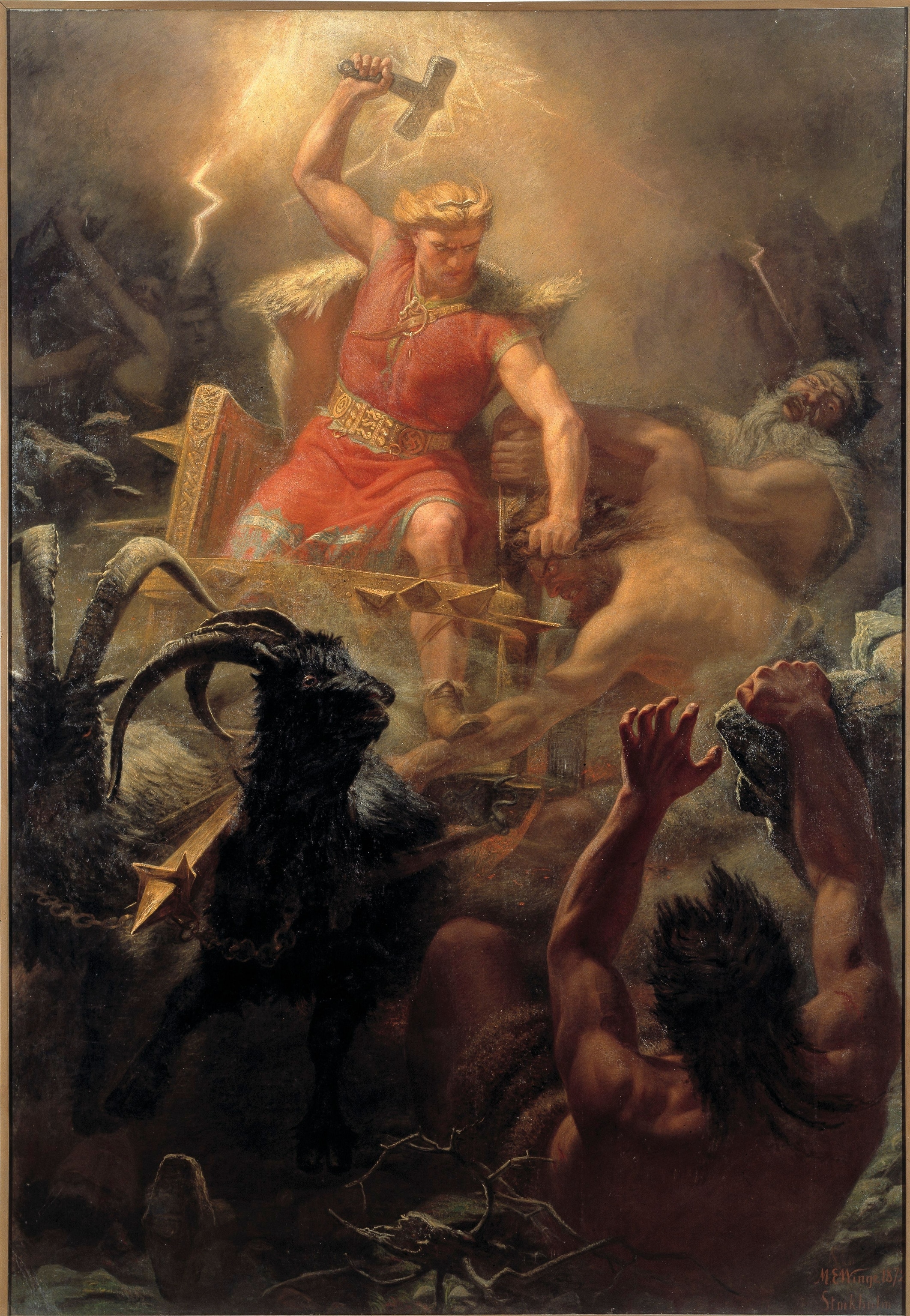 Painting of Thor fighting enemies with hammer raised, goats pulling his chariot and swastikas on his belt