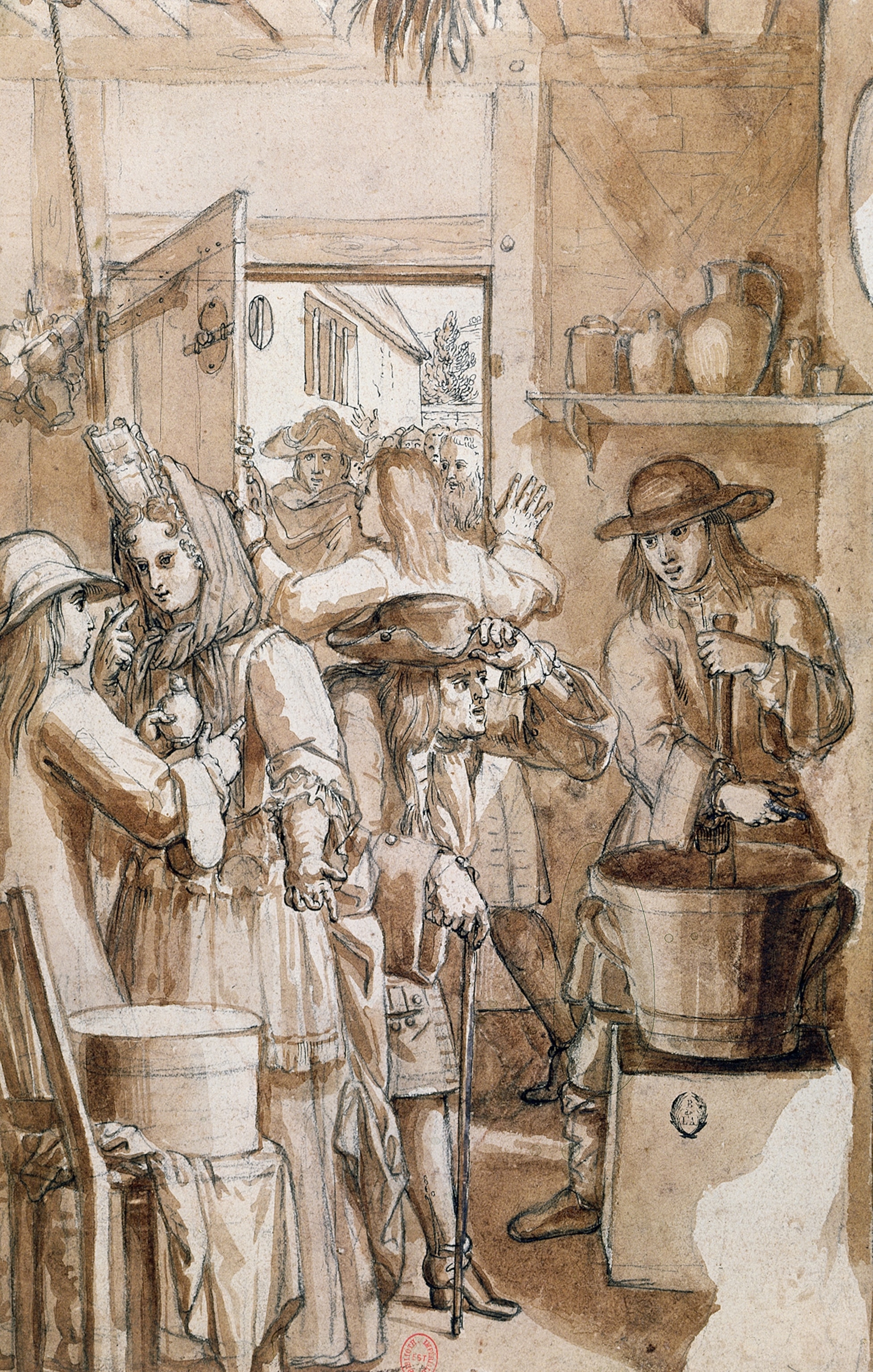 Watercolor scene in an apothecary shop depicting the vendor of theriac.