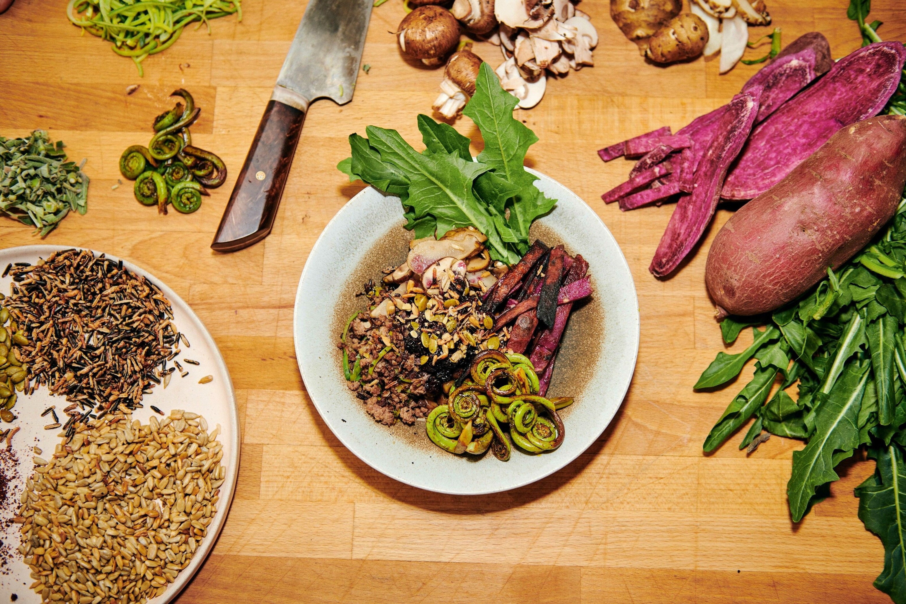bison & hominy bowl with blueberry wojapi