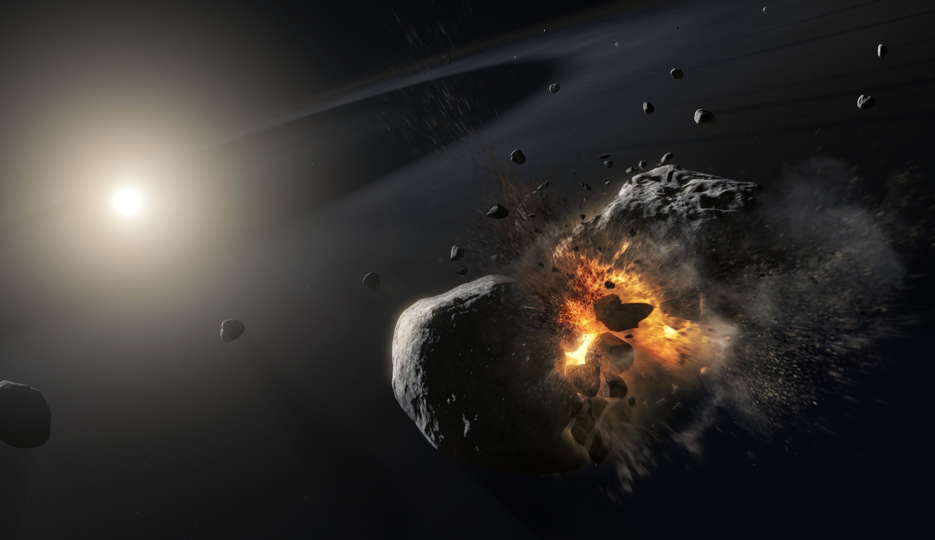 The collision of two protoplanetary bodies.