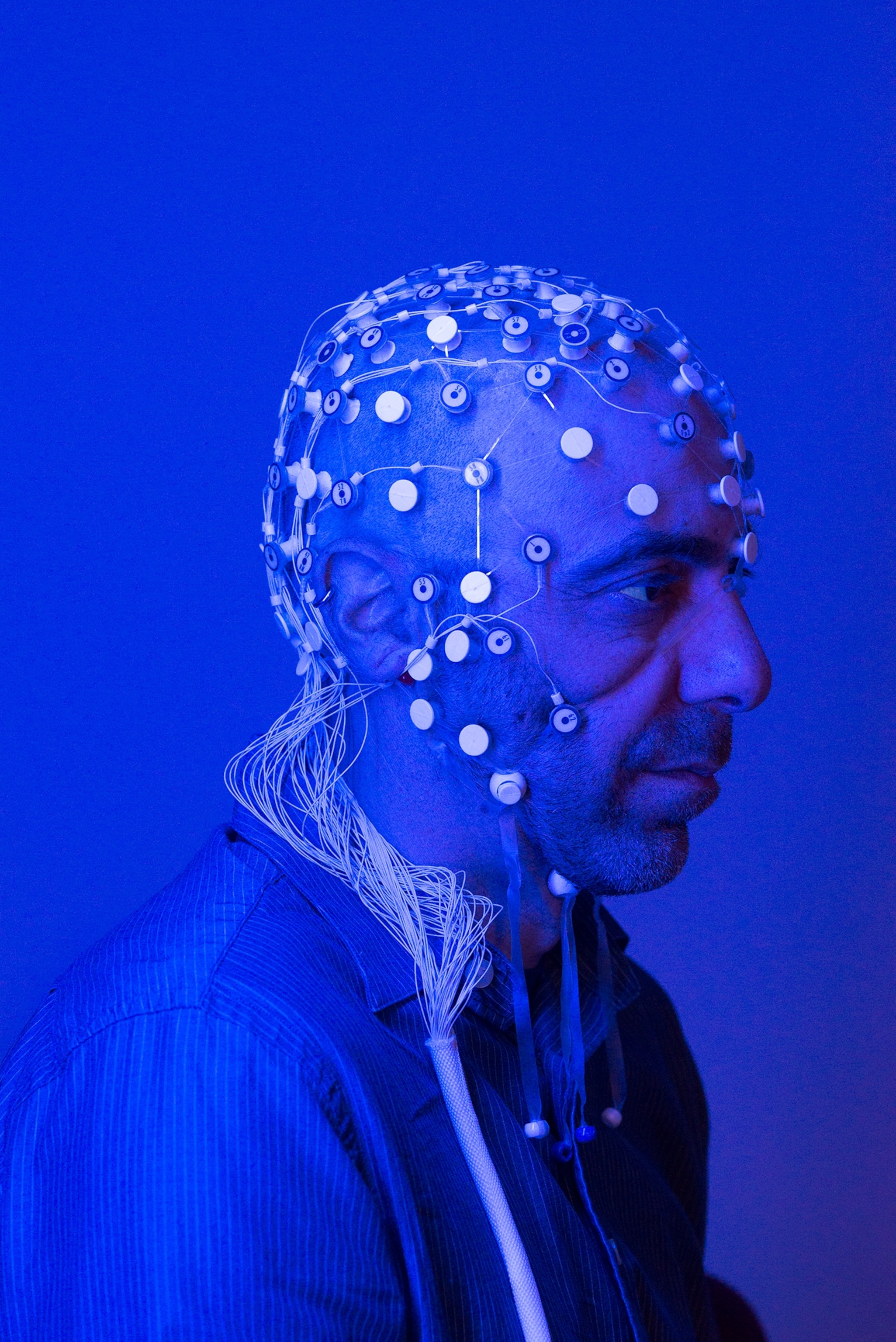 Neuroscientist wearing a brain sensors.