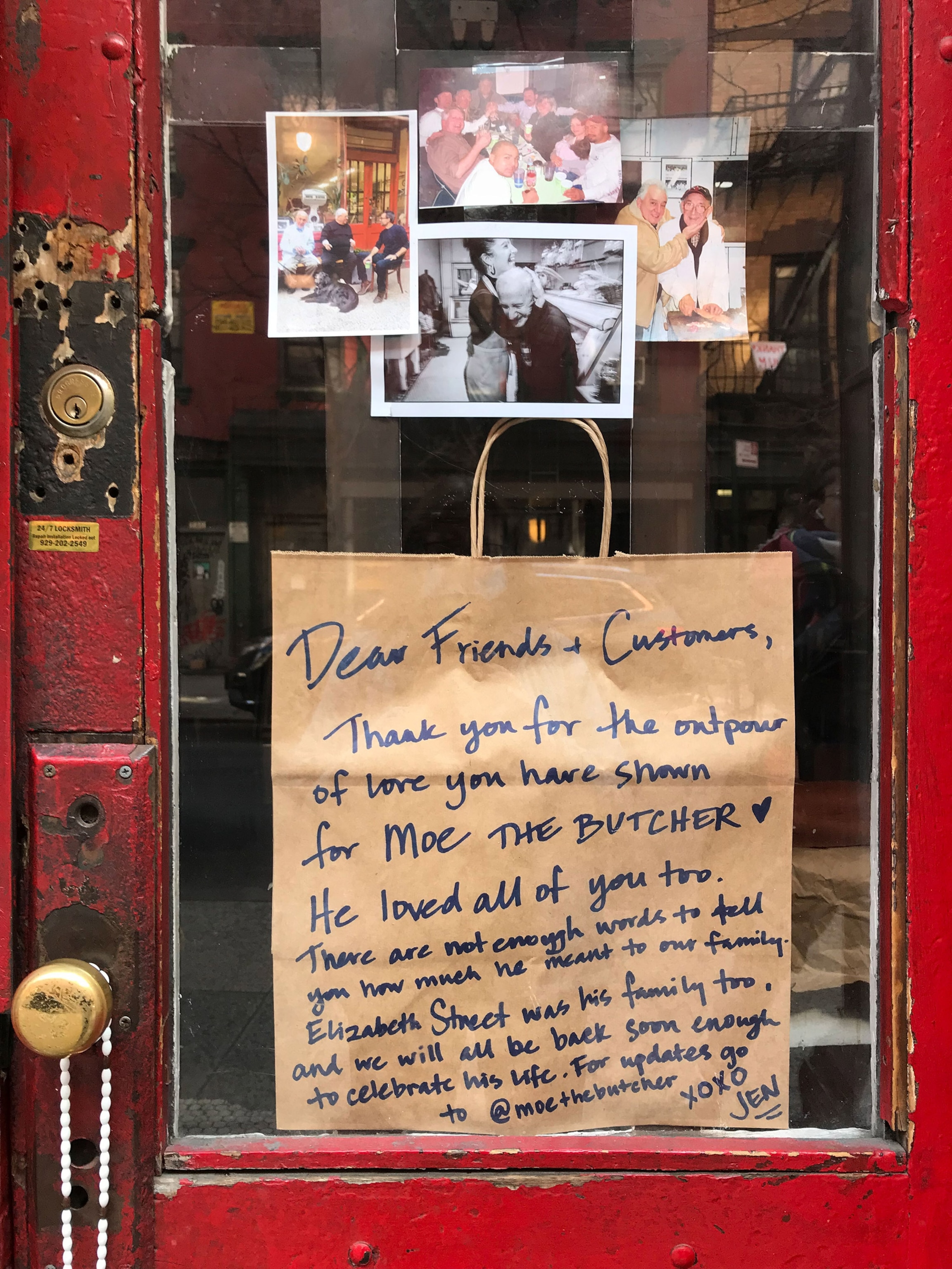 a tribute to a deceased butcher on the door of his shop